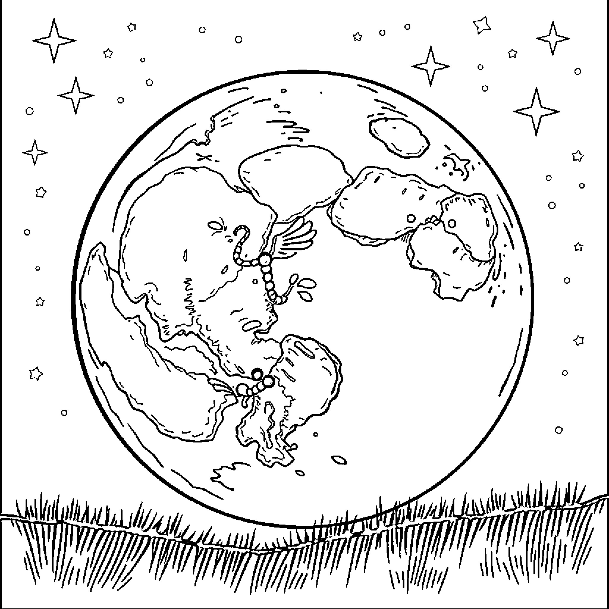 Wednesday globe in starry night sky Coloring Page (free black-and-white line drawing printable PDF for all, from beginners to advanced learners, including children, teens, adults, and seniors)