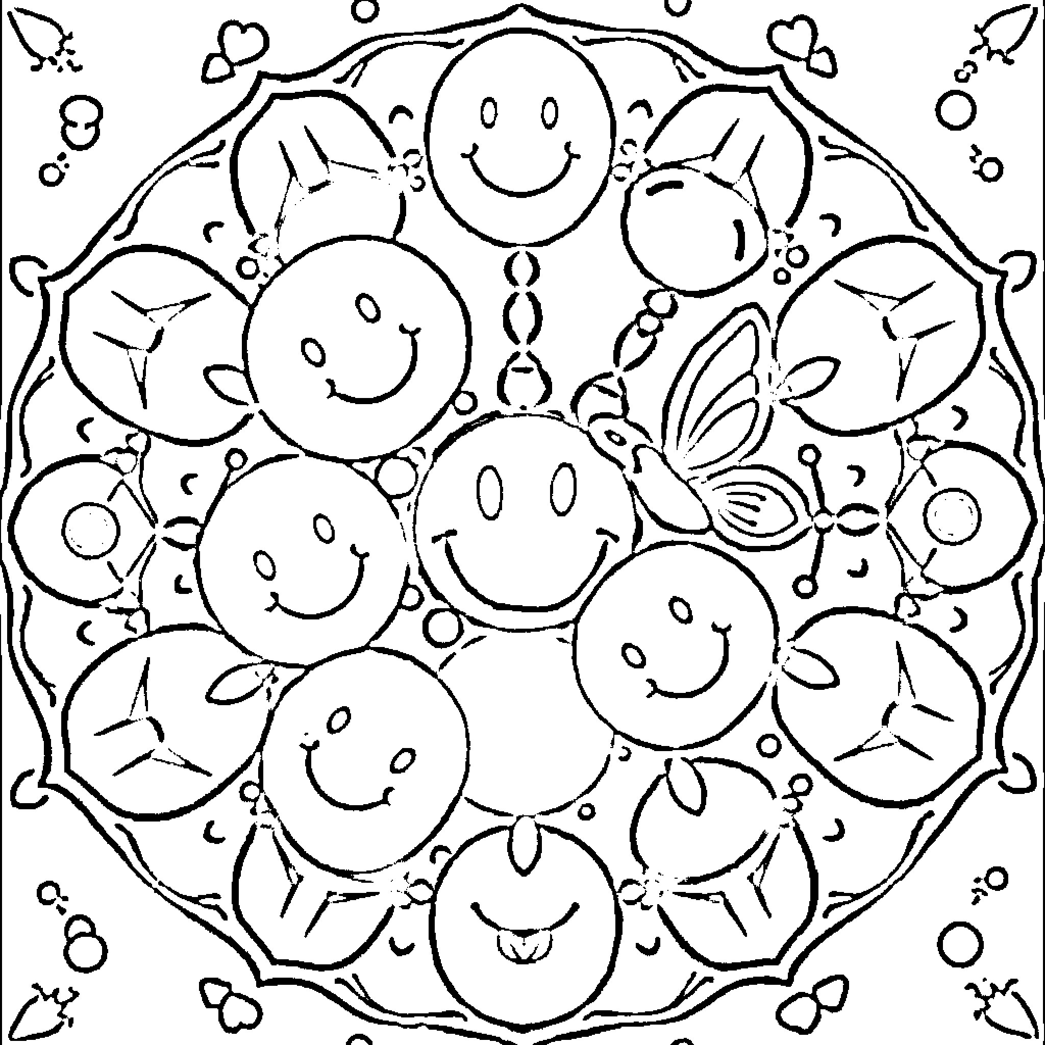 Mandala of Smiling Faces and Butterflies Coloring Page (free black-and-white line drawing printable PDF for all, from beginners to advanced learners, including children, teens, adults, and seniors)