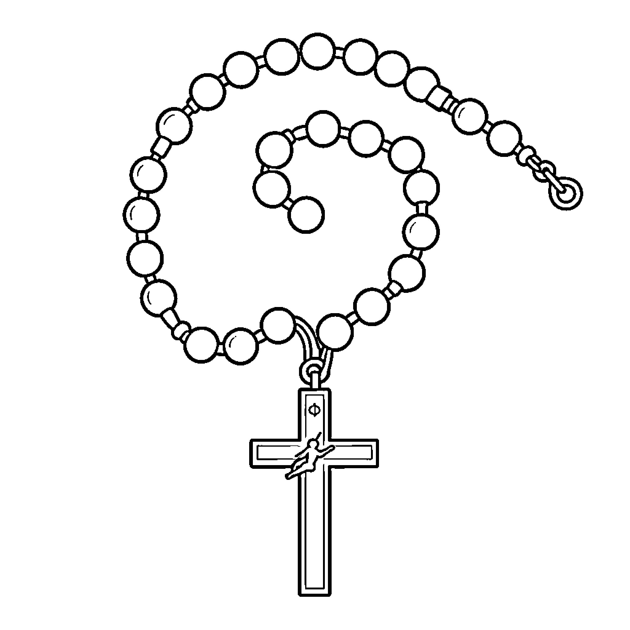 Rosary beads arranged in a spiral with a cross Coloring Page (free black-and-white line drawing printable PDF for all, from beginners to advanced learners, including children, teens, adults, and seniors)