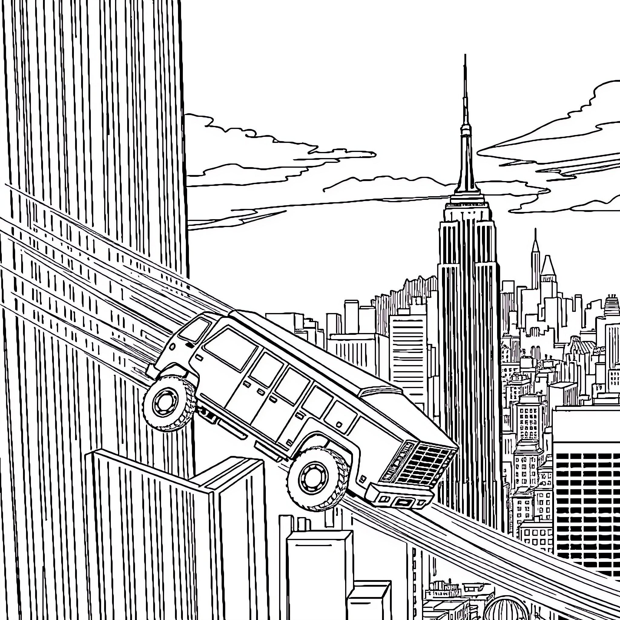 Cybertruck driving on a futuristic city skyline Coloring Page (free black-and-white line drawing printable PDF for all, from beginners to advanced learners, including children, teens, adults, and seniors)