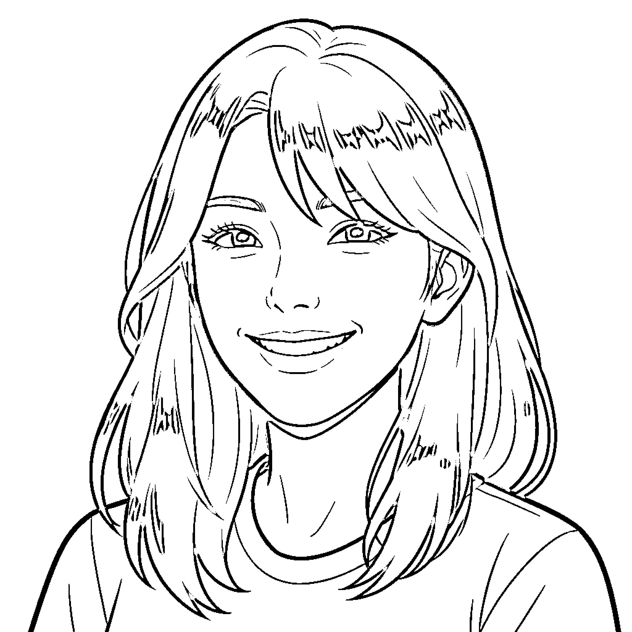 Juri Han smiling with long hair Coloring Page (free black-and-white line drawing printable PDF for all, from beginners to advanced learners, including children, teens, adults, and seniors)