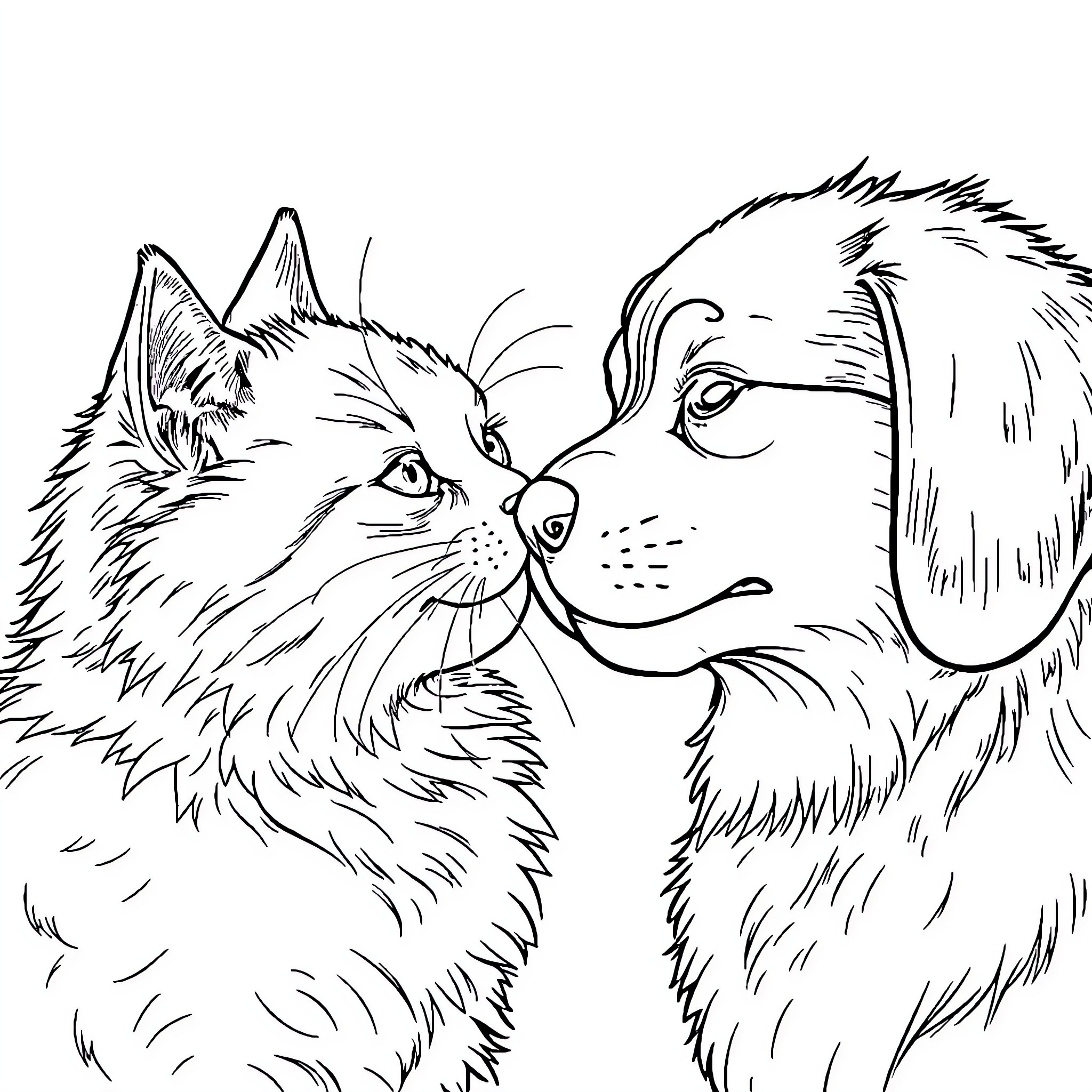 Cat and Dog Affectionately Interacting Coloring Page (free black-and-white line drawing printable PDF for all, from beginners to advanced learners, including children, teens, adults, and seniors)