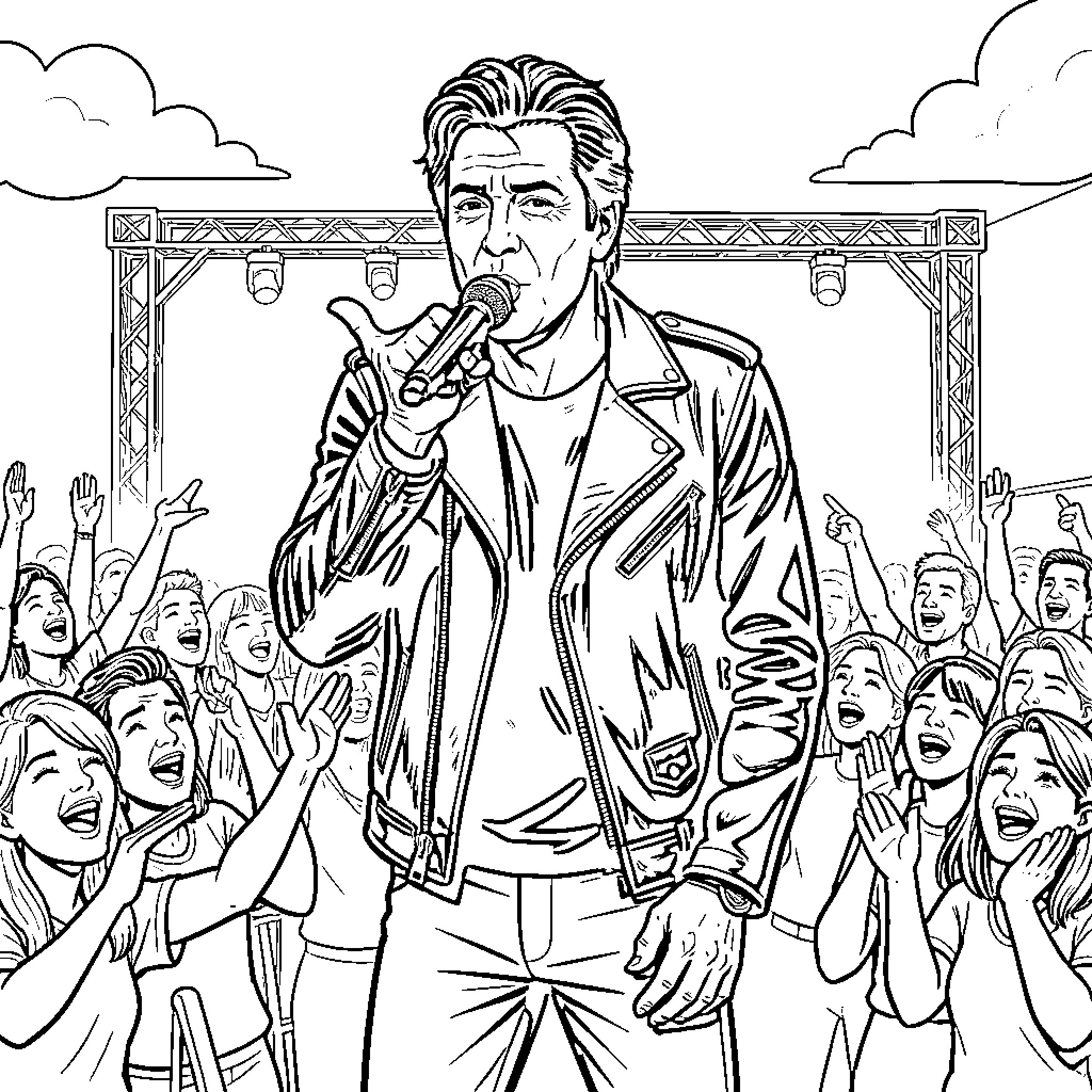 Jon Bon Jovi performing on stage before an excited crowd Coloring Page (free black-and-white line drawing printable PDF for all, from beginners to advanced learners, including children, teens, adults, and seniors)