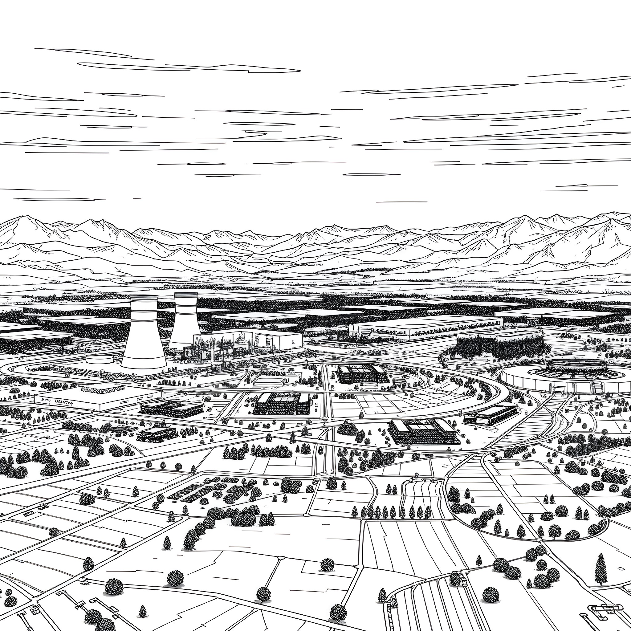 Atom Reactor Powering an Expansive Industrial Landscape Coloring Page (free black-and-white line drawing printable PDF for all, from beginners to advanced learners, including children, teens, adults, and seniors)