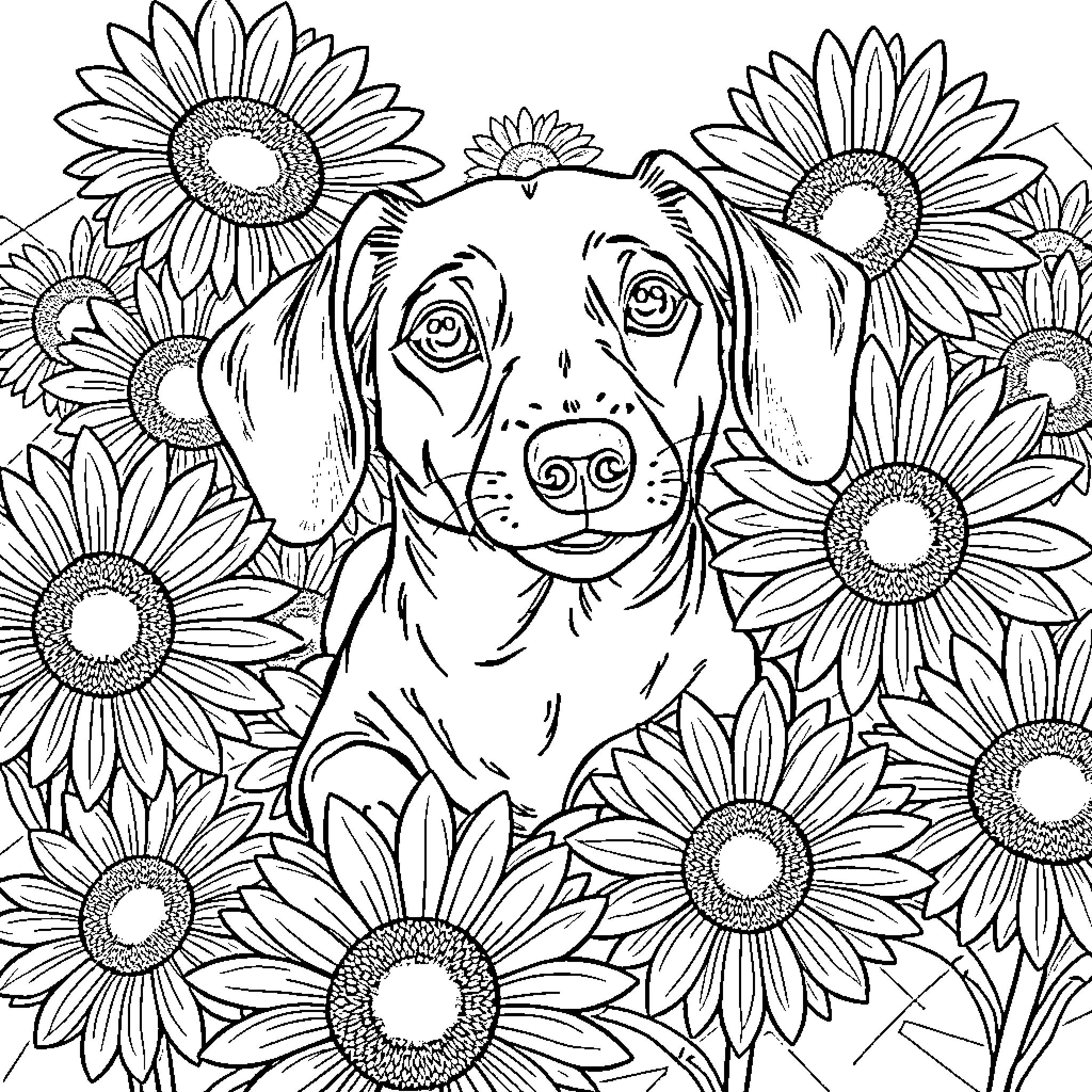 Dachshund surrounded by cheerful sunflowers Coloring Page (free black-and-white line drawing printable PDF for all, from beginners to advanced learners, including children, teens, adults, and seniors)