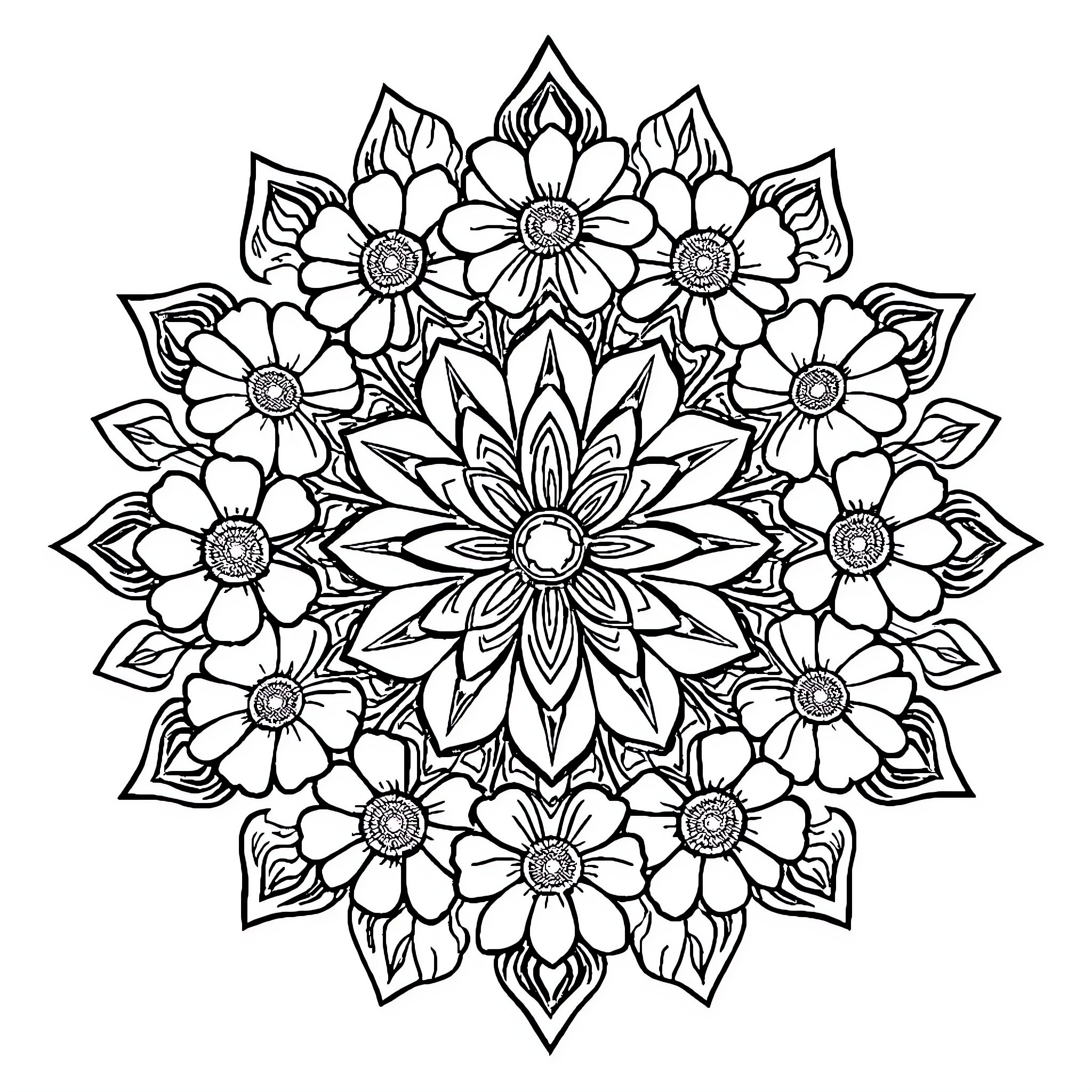 Floral Mandala with Decorative Flowers Coloring Page (free black-and-white line drawing printable PDF for all, from beginners to advanced learners, including children, teens, adults, and seniors)