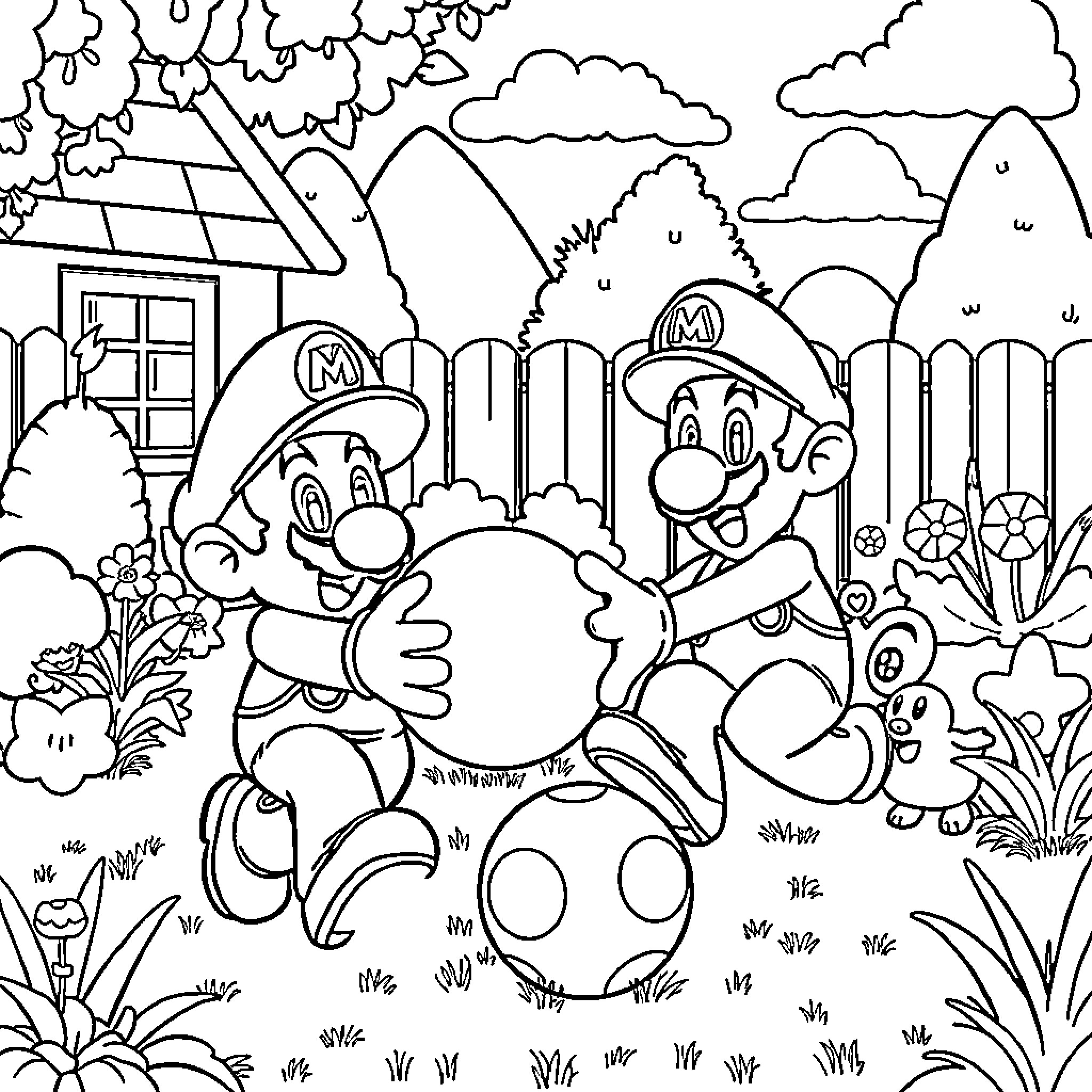 Mario's Adventure in the Whimsical Landscape Coloring Page (free black-and-white line drawing printable PDF for all, from beginners to advanced learners, including children, teens, adults, and seniors)