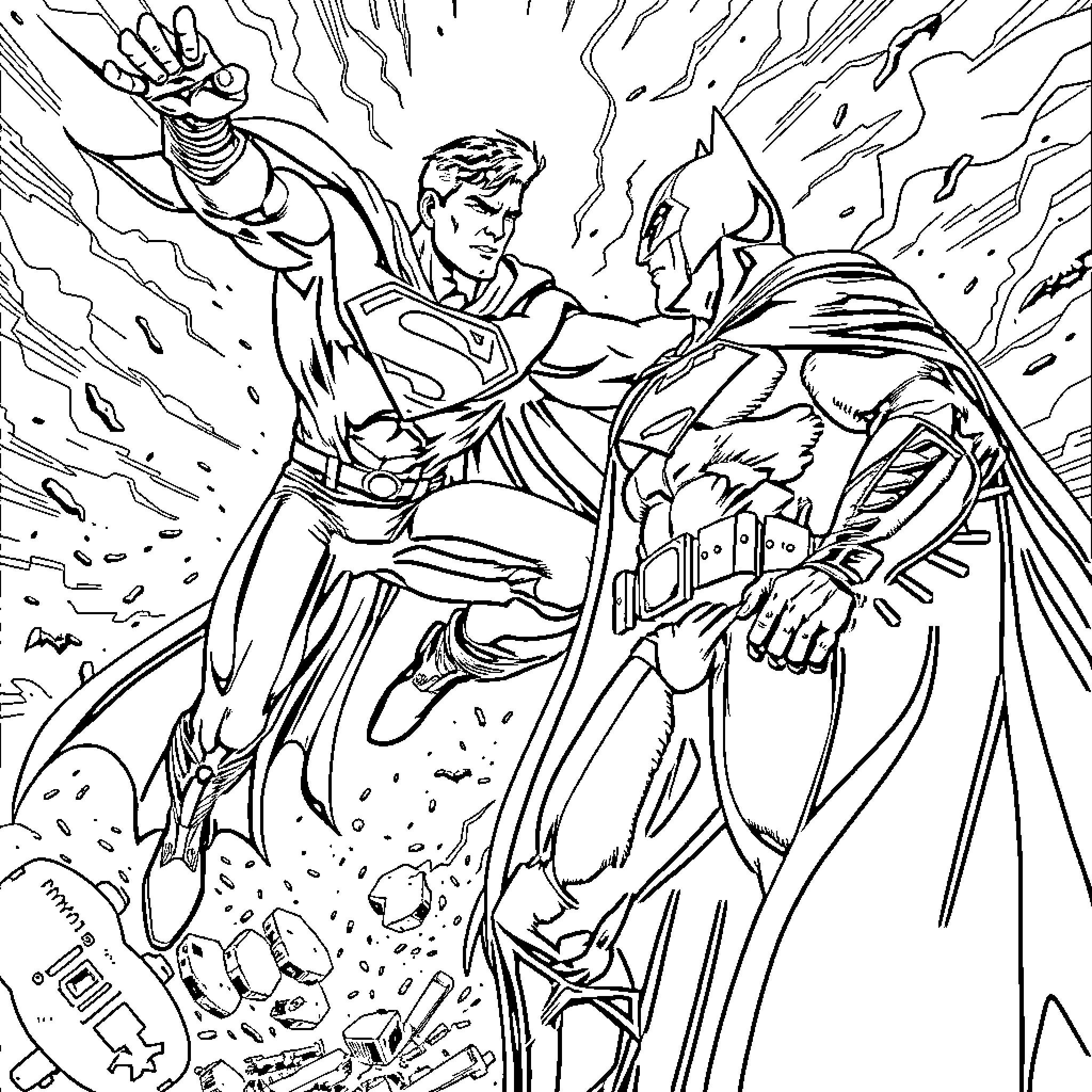 Superman and Batman engaging in epic battle Coloring Page (free black-and-white line drawing printable PDF for all, from beginners to advanced learners, including children, teens, adults, and seniors)