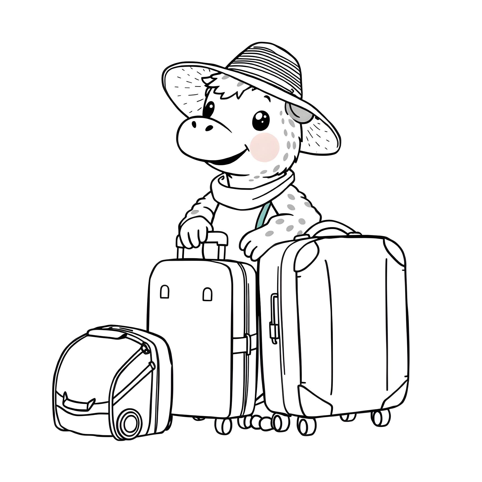 Labubu the traveler with luggage Coloring Page (free black-and-white line drawing printable PDF for all, from beginners to advanced learners, including children, teens, adults, and seniors)