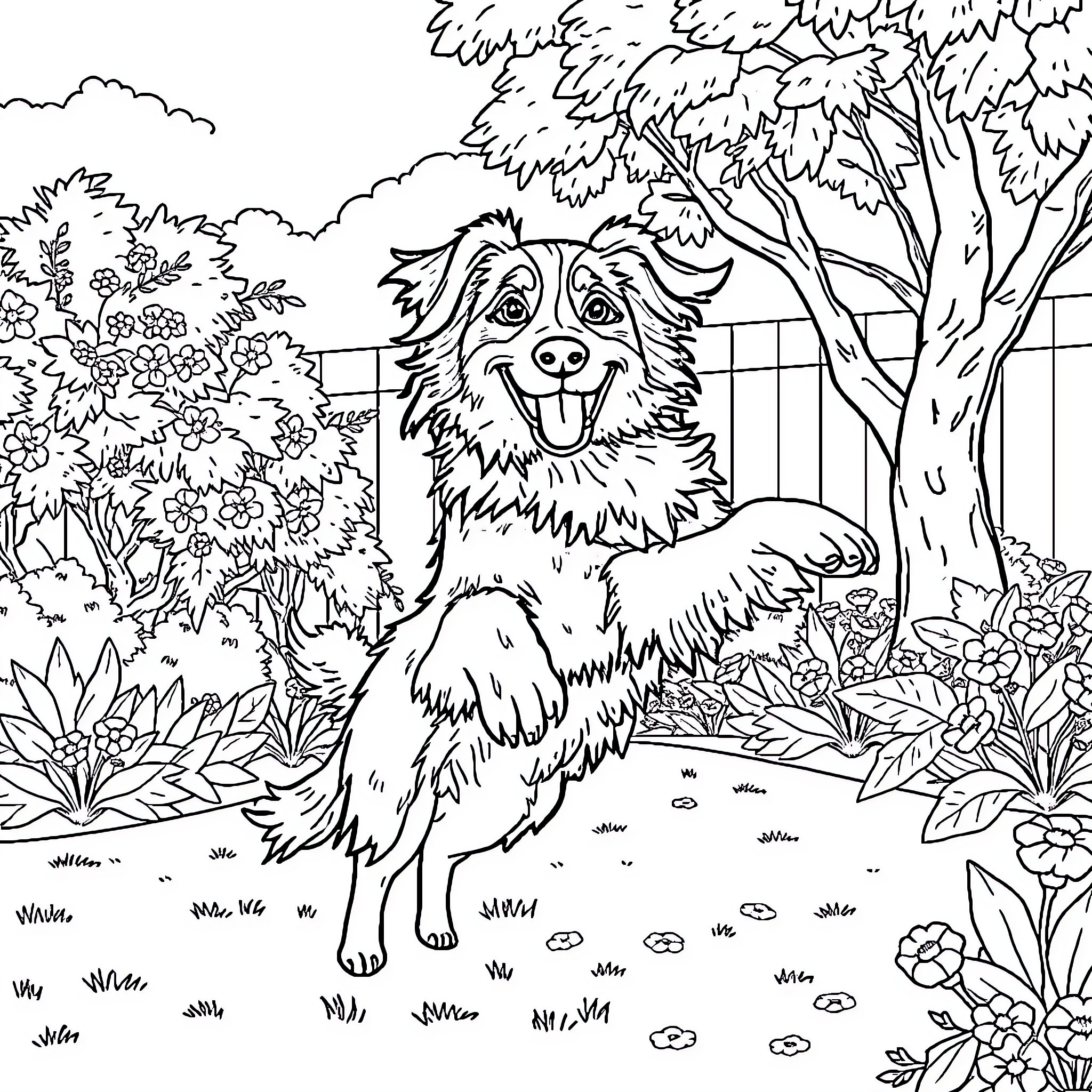 Retriever playing happily in the garden Coloring Page (free black-and-white line drawing printable PDF for all, from beginners to advanced learners, including children, teens, adults, and seniors)