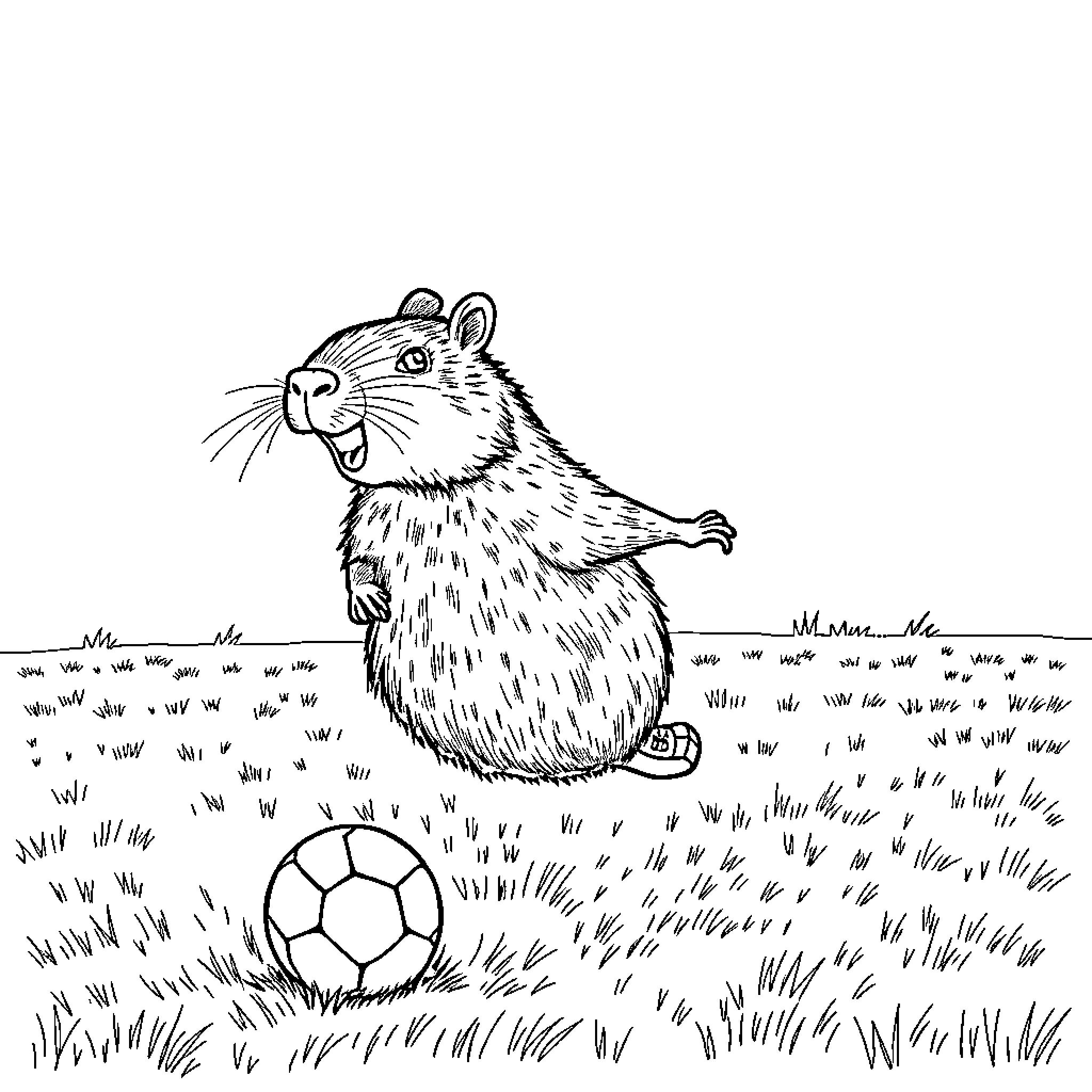 Capybara playing with soccer ball in the field Coloring Page (free black-and-white line drawing printable PDF for all, from beginners to advanced learners, including children, teens, adults, and seniors)