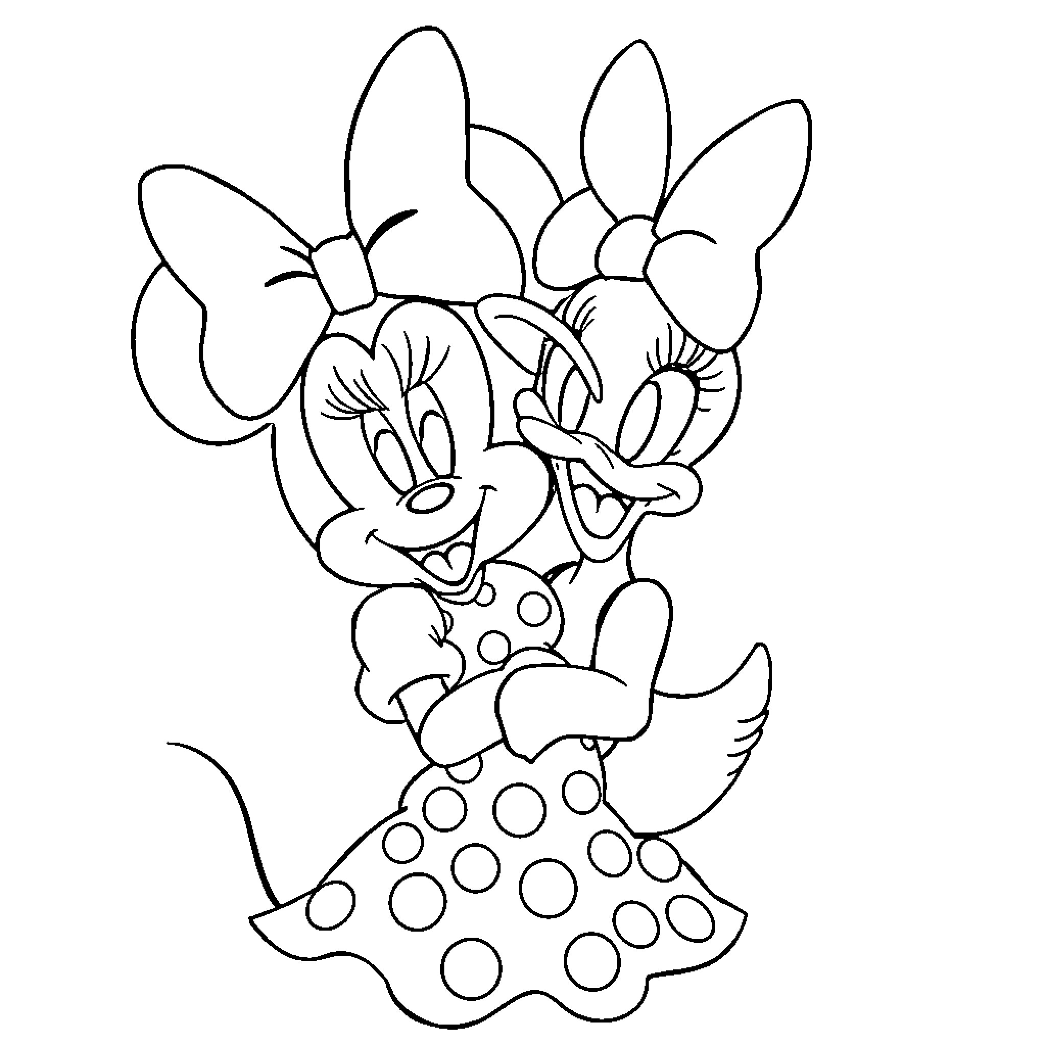 Minnie Mouse in a polka dot dress Coloring Page (free black-and-white line drawing printable PDF for all, from beginners to advanced learners, including children, teens, adults, and seniors)