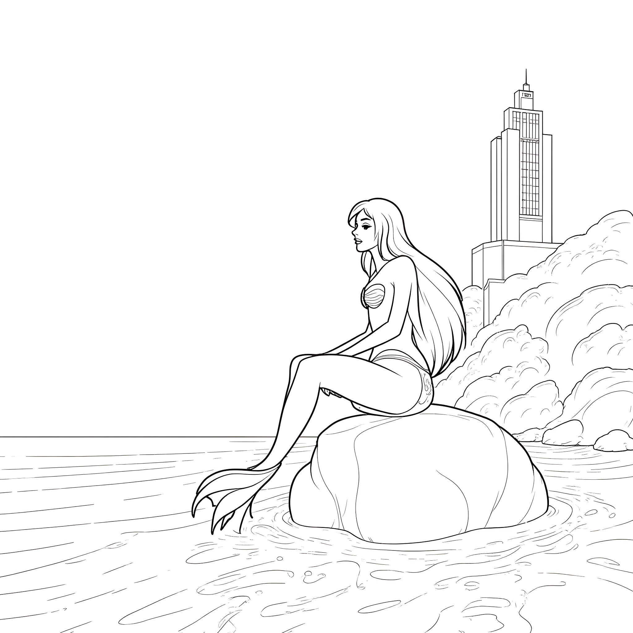 Mermaid sitting on a rock by the city skyline Coloring Page (free black-and-white line drawing printable PDF for all, from beginners to advanced learners, including children, teens, adults, and seniors)