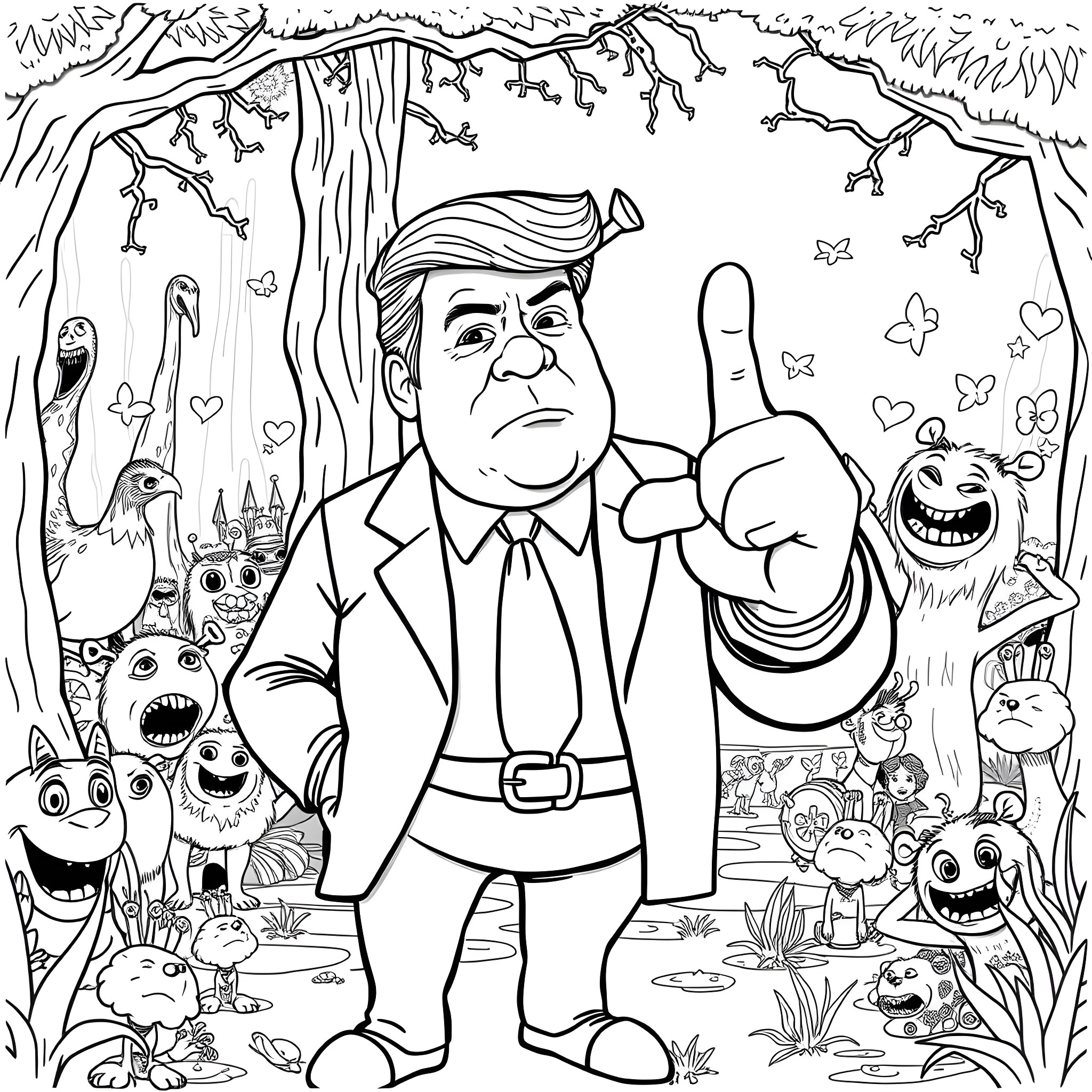 Donald Trump Flipping the Bird in a Whimsical Forest Scene Coloring Page (free black-and-white line drawing printable PDF for all, from beginners to advanced learners, including children, teens, adults, and seniors)