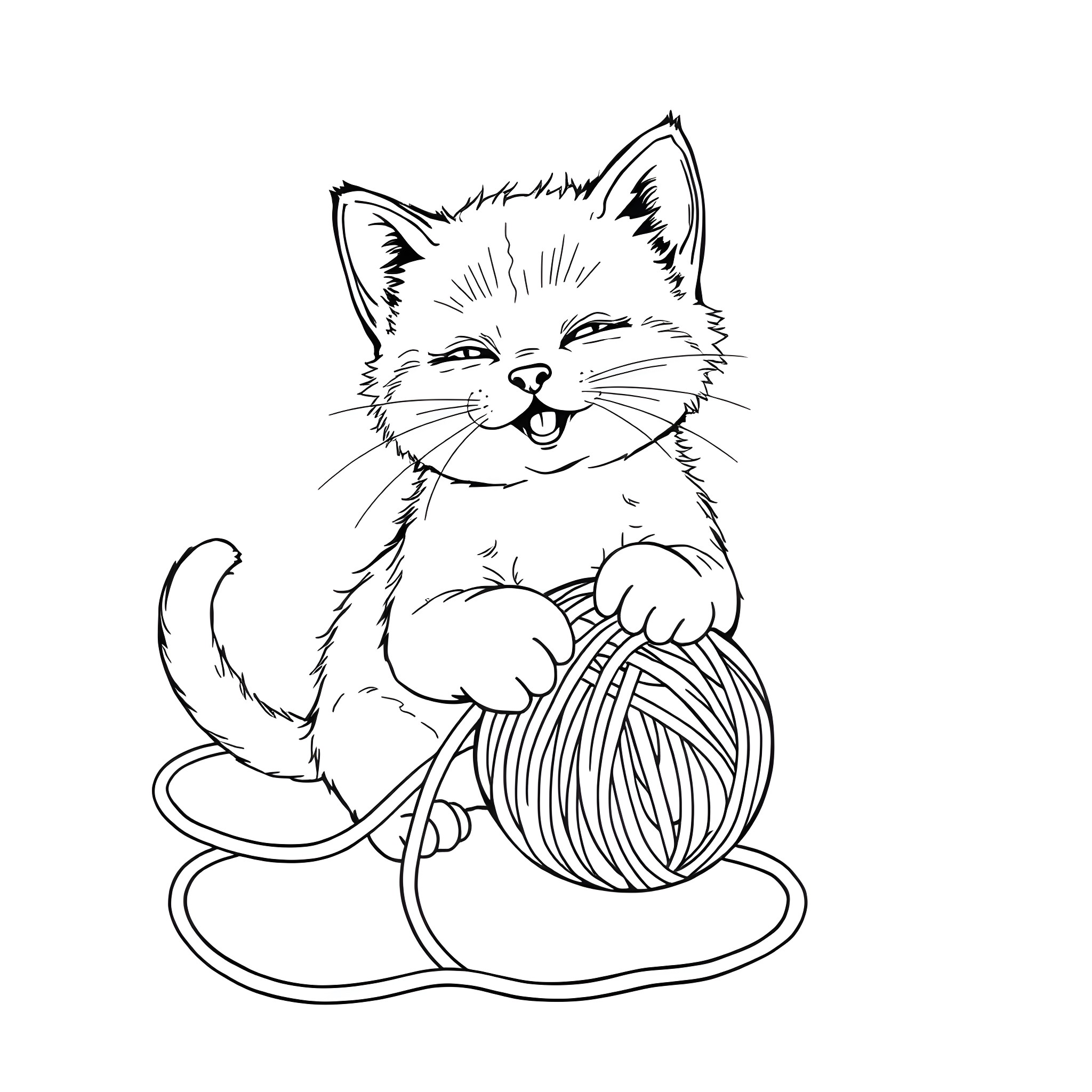 Kitty playing with a ball of yarn Coloring Page (free black-and-white line drawing printable PDF for all, from beginners to advanced learners, including children, teens, adults, and seniors)