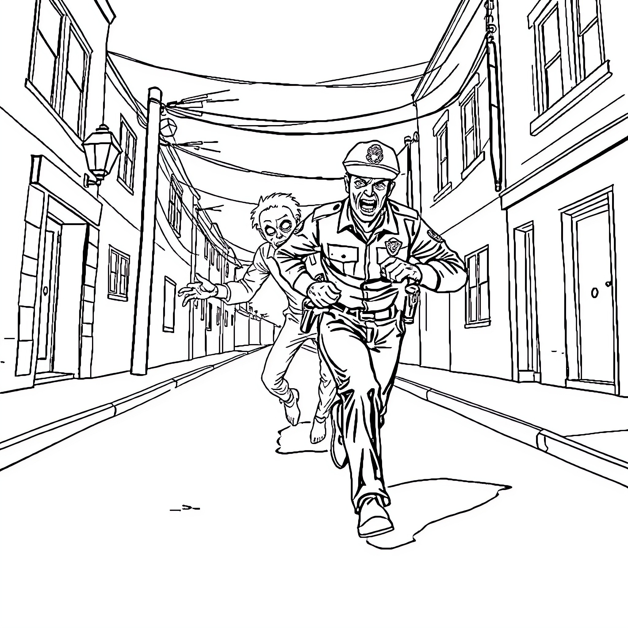 Police Officer Chasing a Suspect on City Street Coloring Page (free black-and-white line drawing printable PDF for all, from beginners to advanced learners, including children, teens, adults, and seniors)