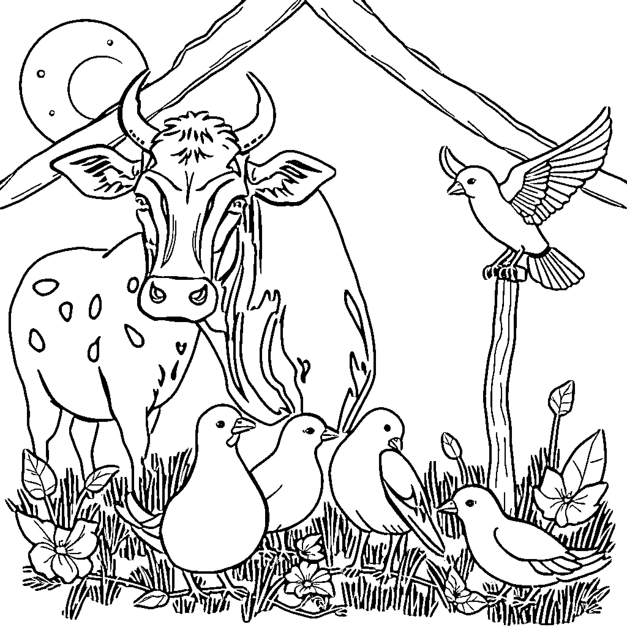 Farm Animal Gathering in Meadow with Bird Coloring Page (free black-and-white line drawing printable PDF for all, from beginners to advanced learners, including children, teens, adults, and seniors)
