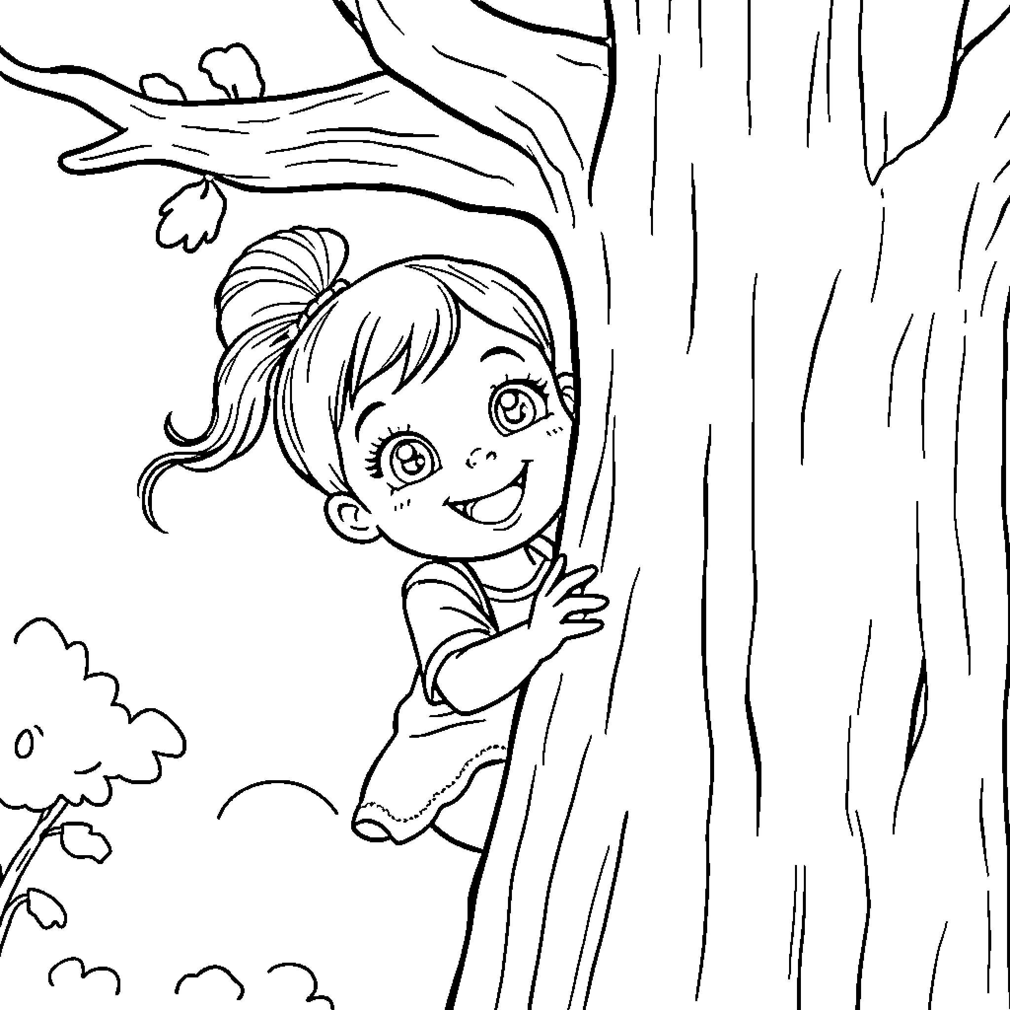 Girl hiding behind a tree in the forest Coloring Page (free black-and-white line drawing printable PDF for all, from beginners to advanced learners, including children, teens, adults, and seniors)