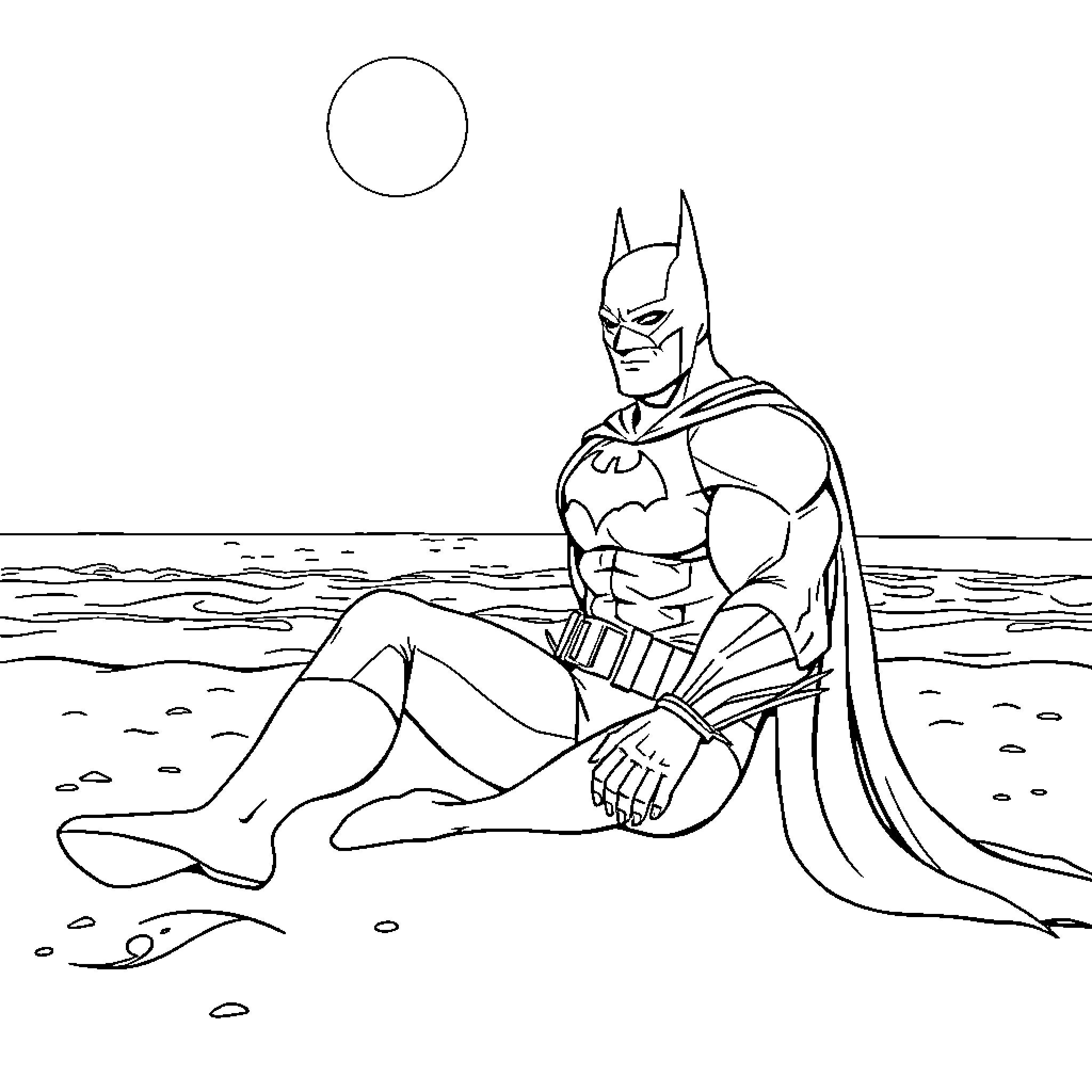 Batman resting by the ocean Coloring Page (free black-and-white line drawing printable PDF for all, from beginners to advanced learners, including children, teens, adults, and seniors)