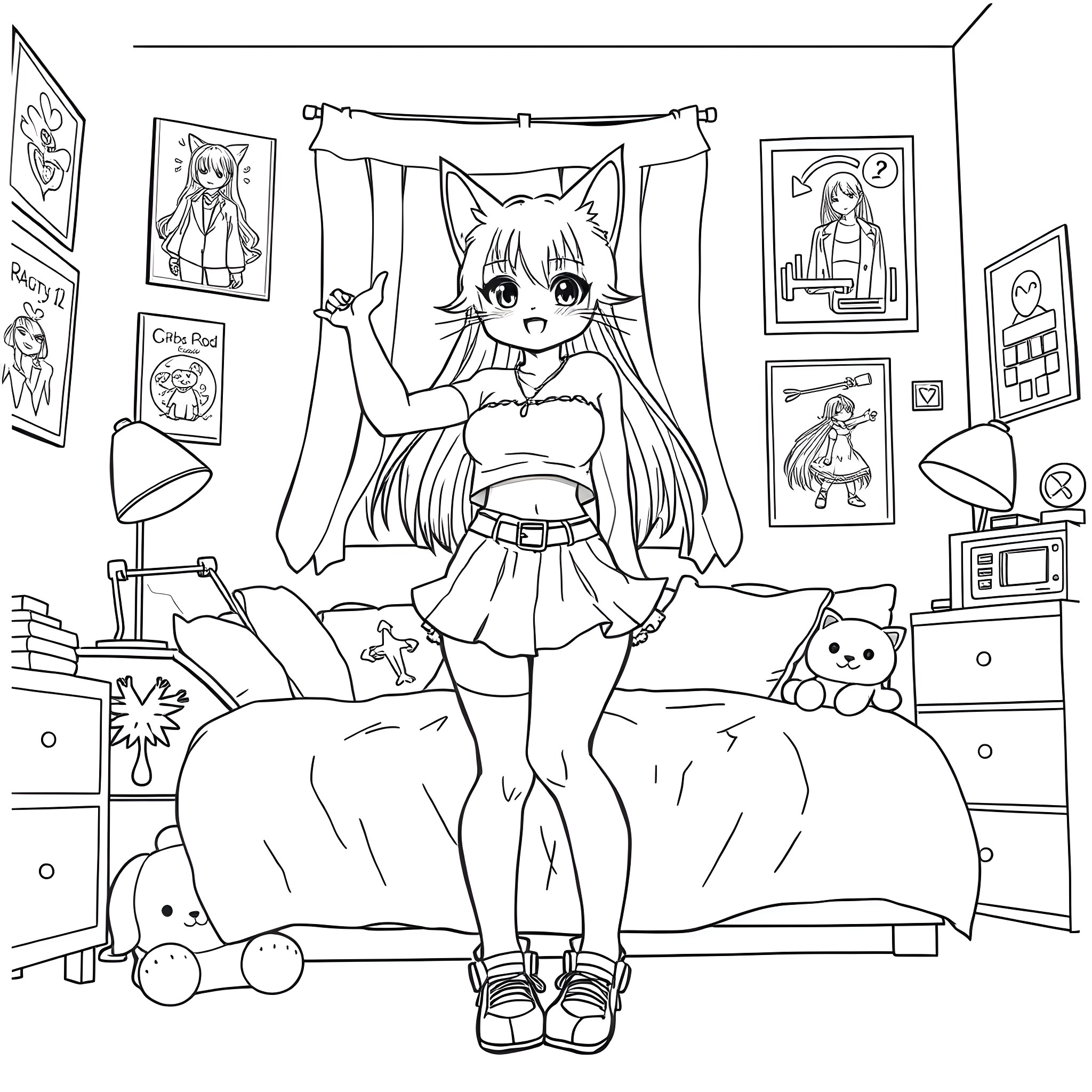 Cat-themed Girl in Bedroom with Anime-style Decor Coloring Page (free black-and-white line drawing printable PDF for all, from beginners to advanced learners, including children, teens, adults, and seniors)