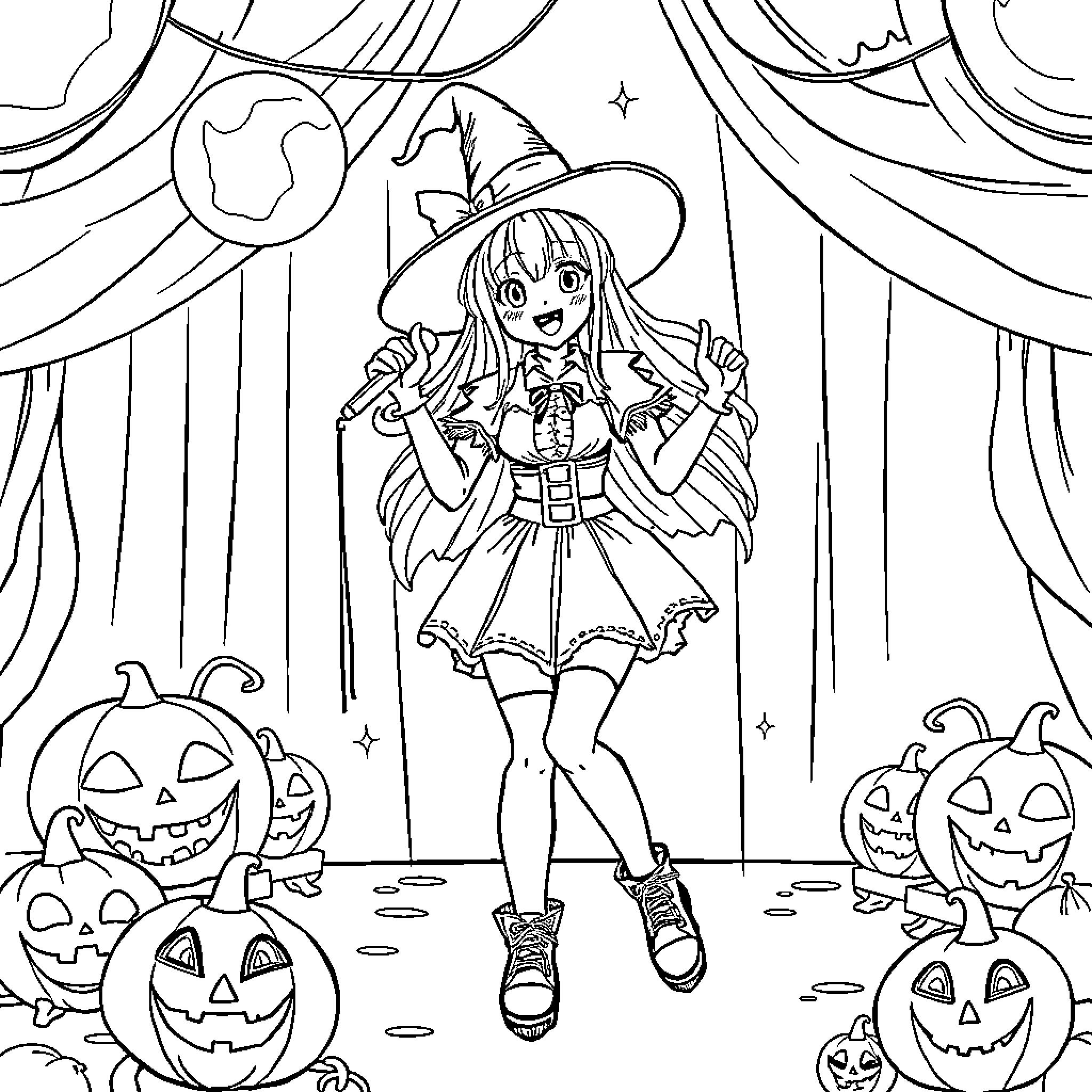 Mira KPop Witch Performing on Stage with Halloween Pumpkins Coloring Page (free black-and-white line drawing printable PDF for all, from beginners to advanced learners, including children, teens, adults, and seniors)