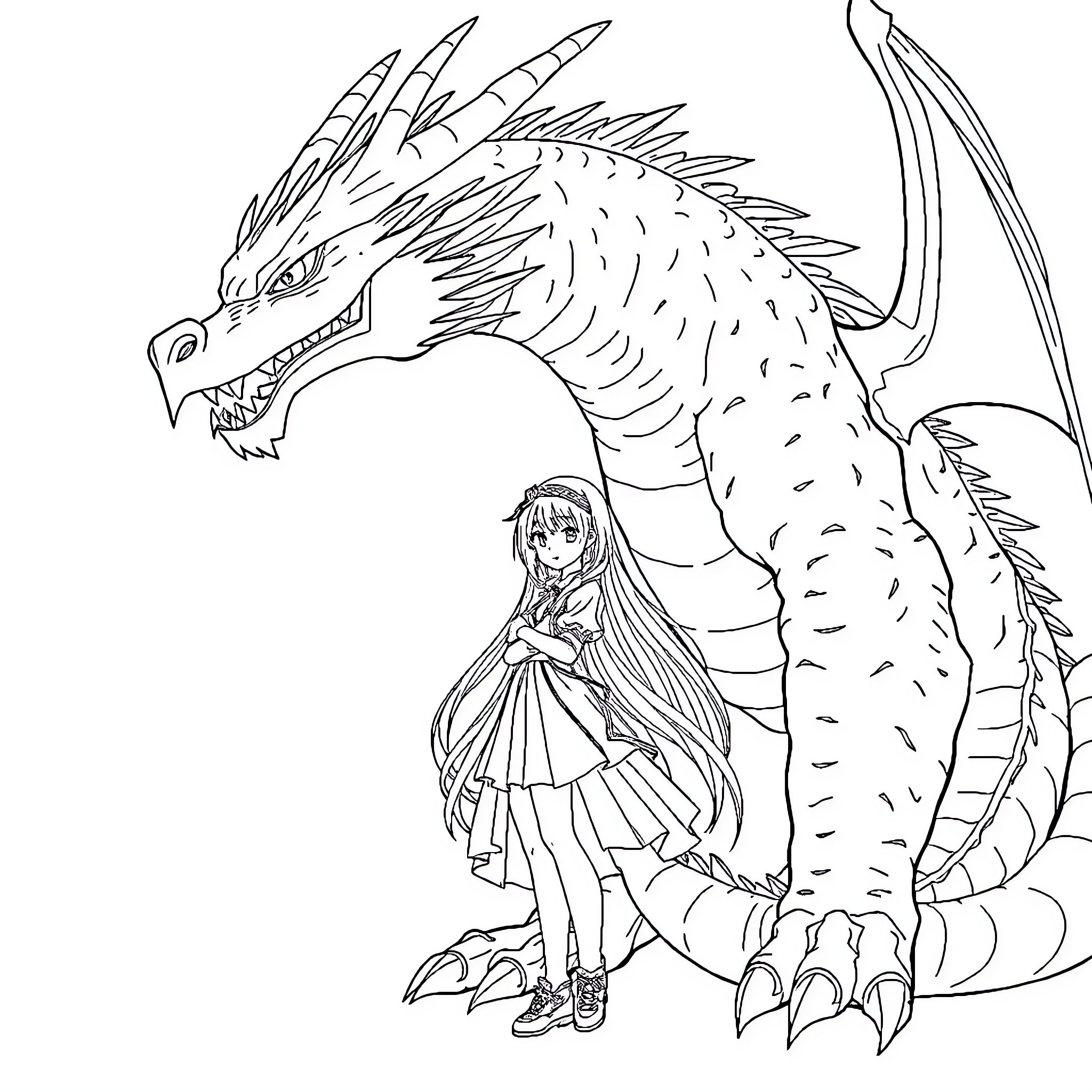 Anime Girl with Powerful Dragon Coloring Page (free black-and-white line drawing printable PDF for all, from beginners to advanced learners, including children, teens, adults, and seniors)