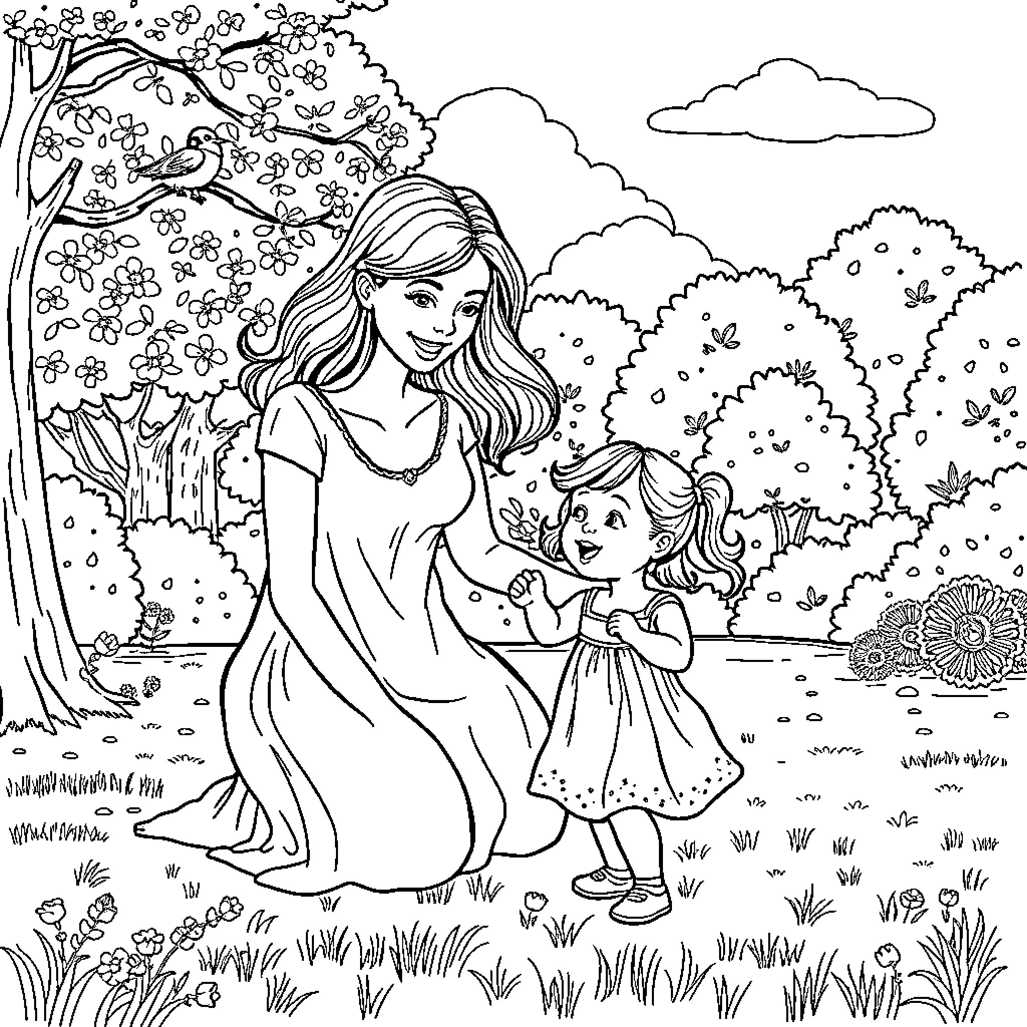 Mother and child enjoying nature's beauty Coloring Page (free black-and-white line drawing printable PDF for all, from beginners to advanced learners, including children, teens, adults, and seniors)