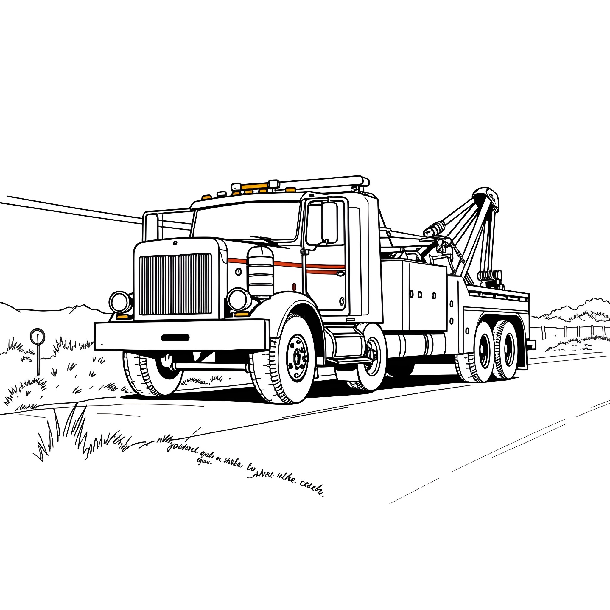 Tow Truck Assisting on the Road Coloring Page (free black-and-white line drawing printable PDF for all, from beginners to advanced learners, including children, teens, adults, and seniors)