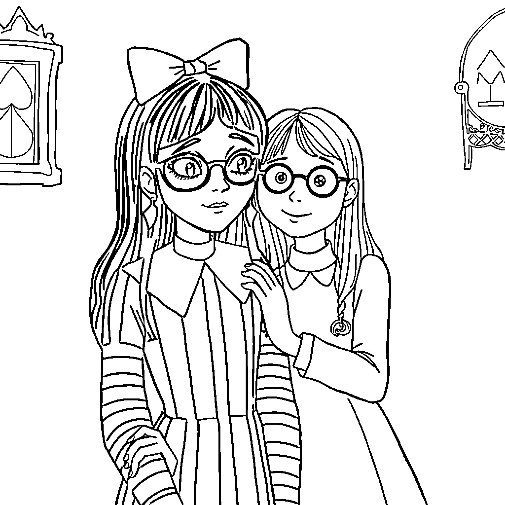 Wednesday friends in stylish outfits Coloring Page (free black-and-white line drawing printable PDF for all, from beginners to advanced learners, including children, teens, adults, and seniors)