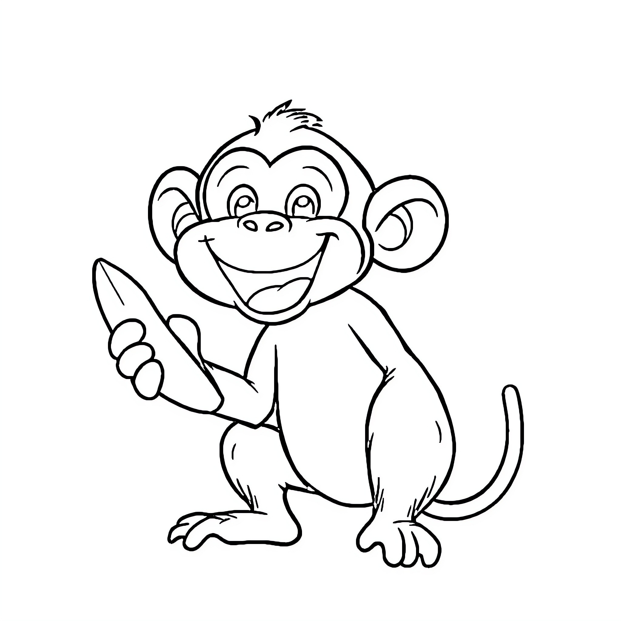 Monkey cheerfully holding a banana Coloring Page (free black-and-white line drawing printable PDF for all, from beginners to advanced learners, including children, teens, adults, and seniors)