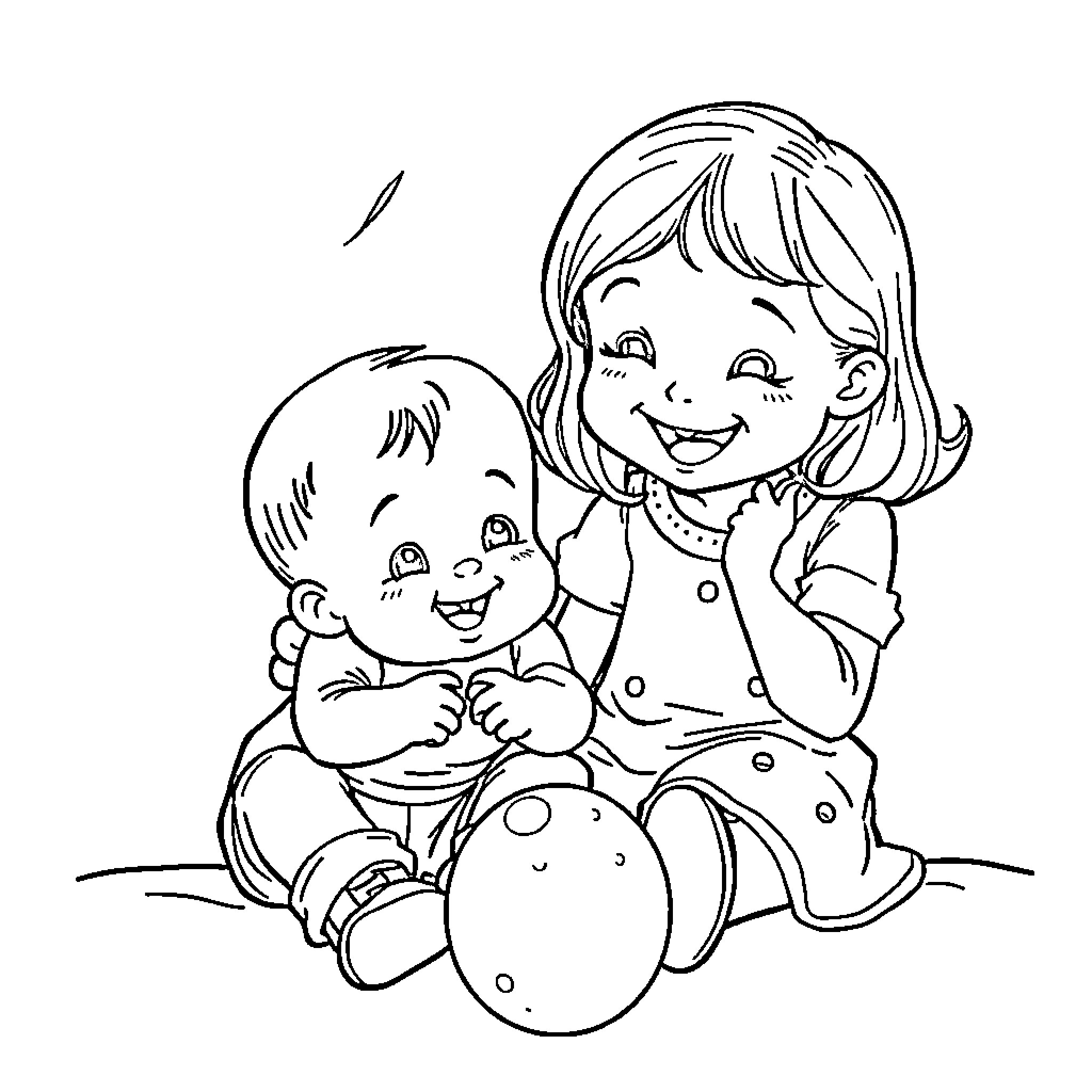 Brother and sister playing happily together Coloring Page (free black-and-white line drawing printable PDF for all, from beginners to advanced learners, including children, teens, adults, and seniors)