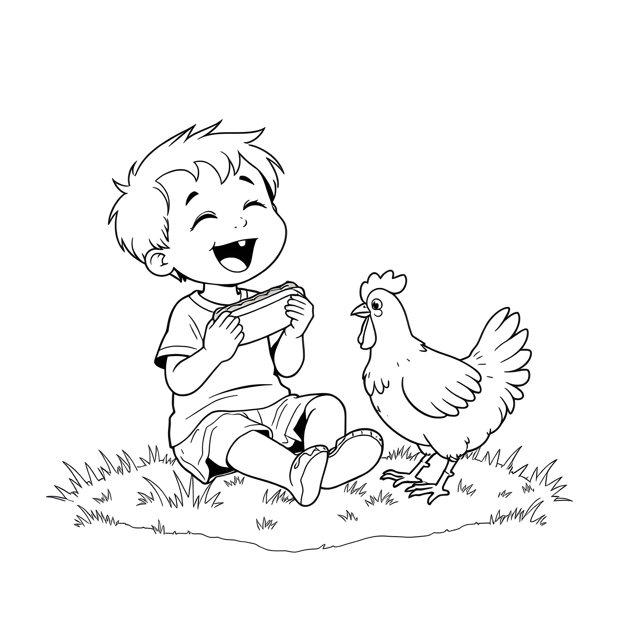 Kid happily feeding a chicken in the field Coloring Page (free black-and-white line drawing printable PDF for all, from beginners to advanced learners, including children, teens, adults, and seniors)