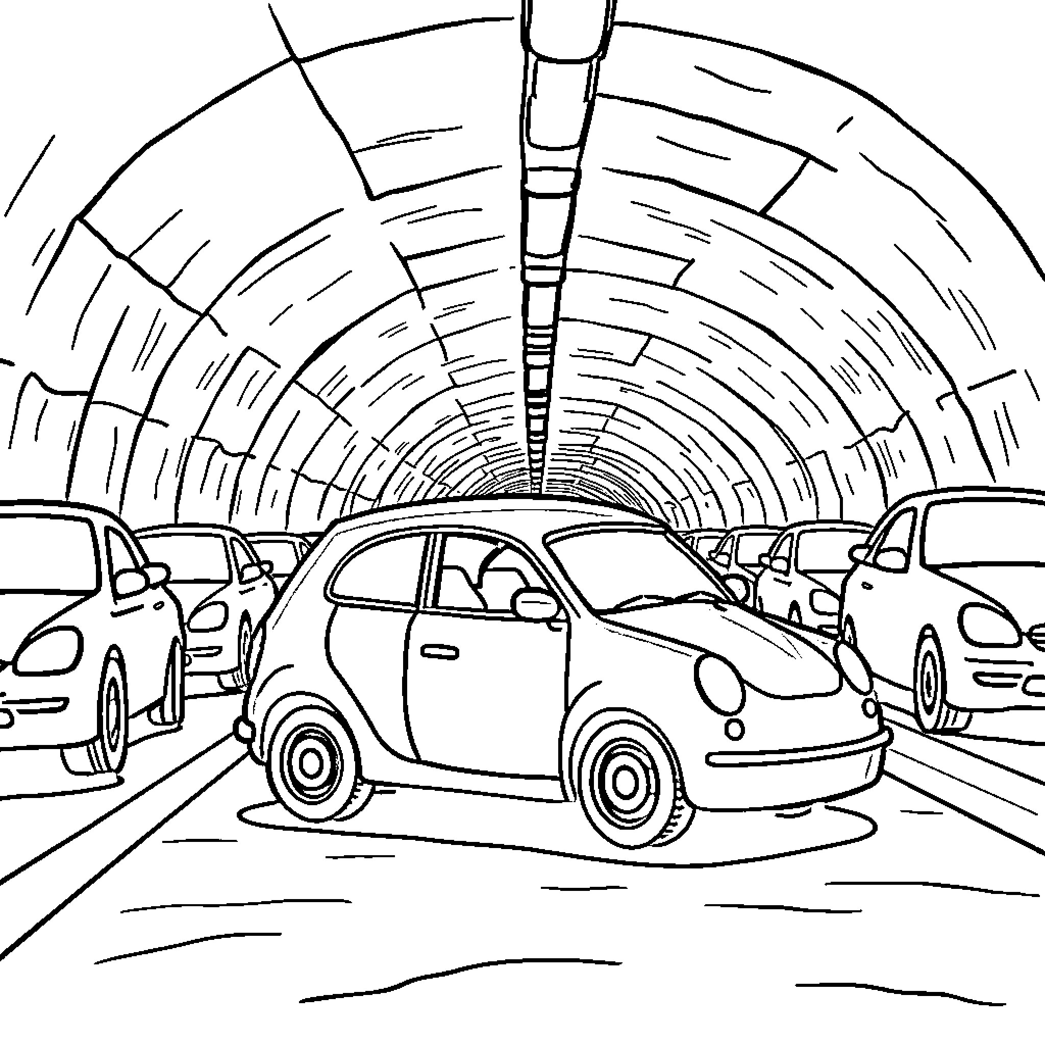 Cars in a Crowded Tunnel Coloring Page (free black-and-white line drawing printable PDF for all, from beginners to advanced learners, including children, teens, adults, and seniors)