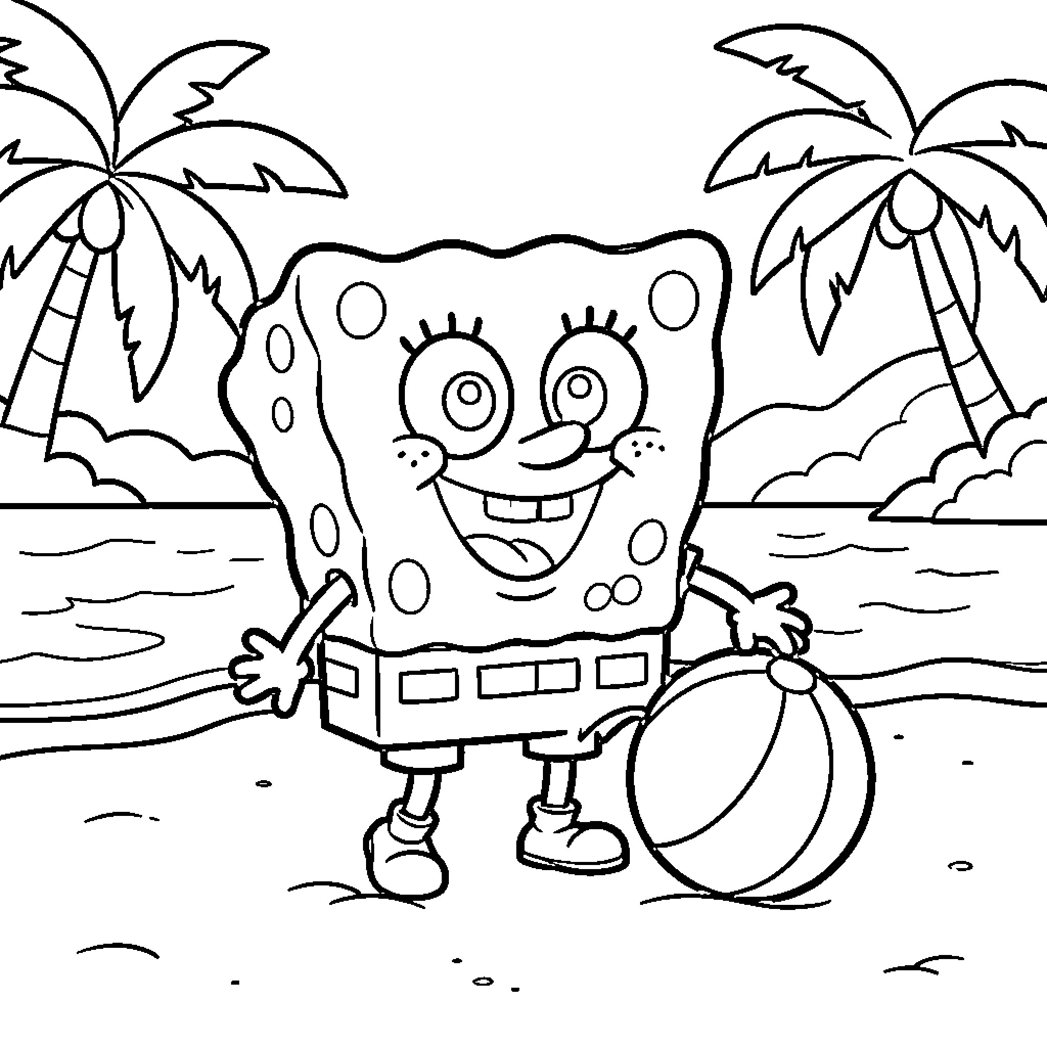 Bob esponja on a beach with palm trees Coloring Page (free black-and-white line drawing printable PDF for all, from beginners to advanced learners, including children, teens, adults, and seniors)