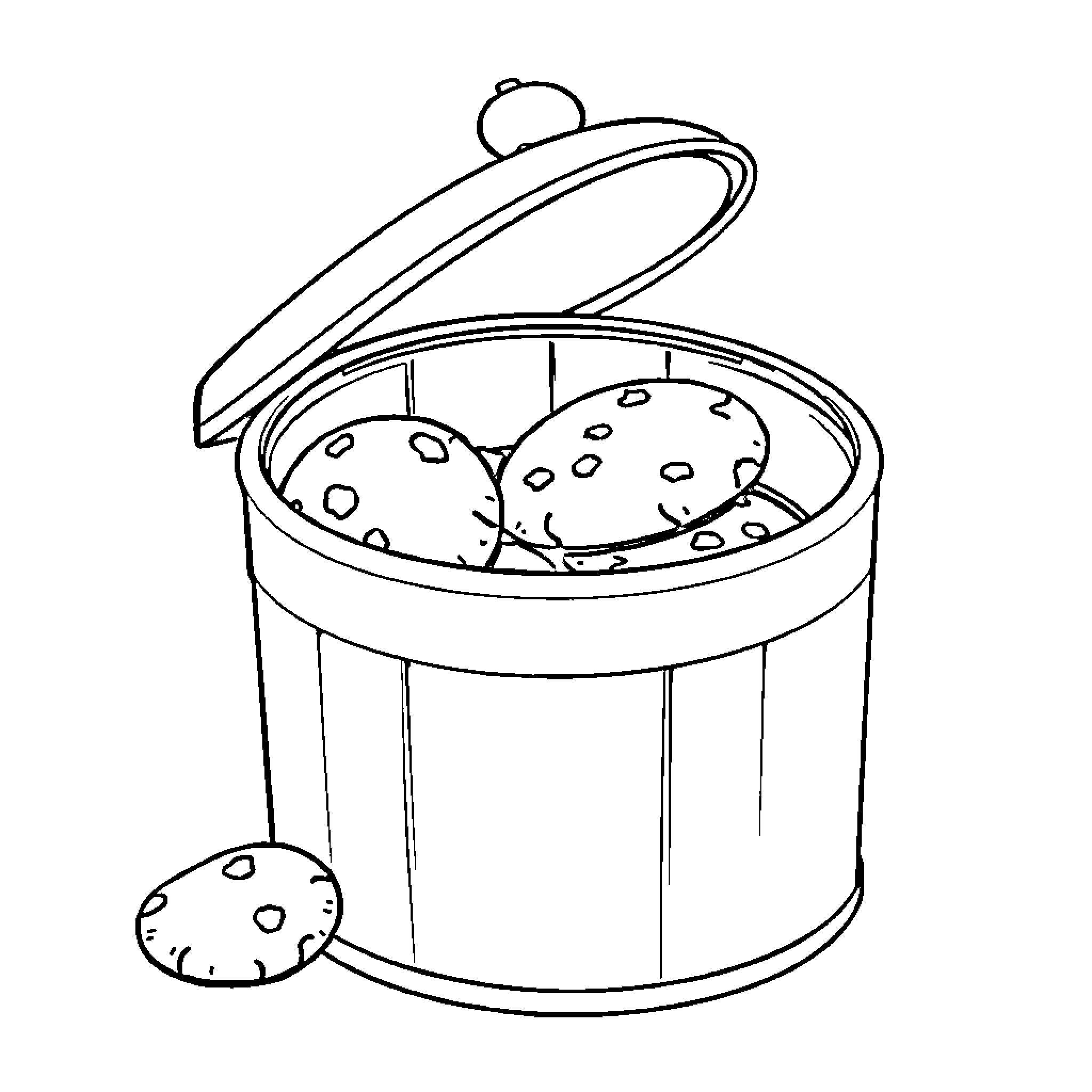Cookie tin with delicious treats inside Coloring Page (free black-and-white line drawing printable PDF for all, from beginners to advanced learners, including children, teens, adults, and seniors)