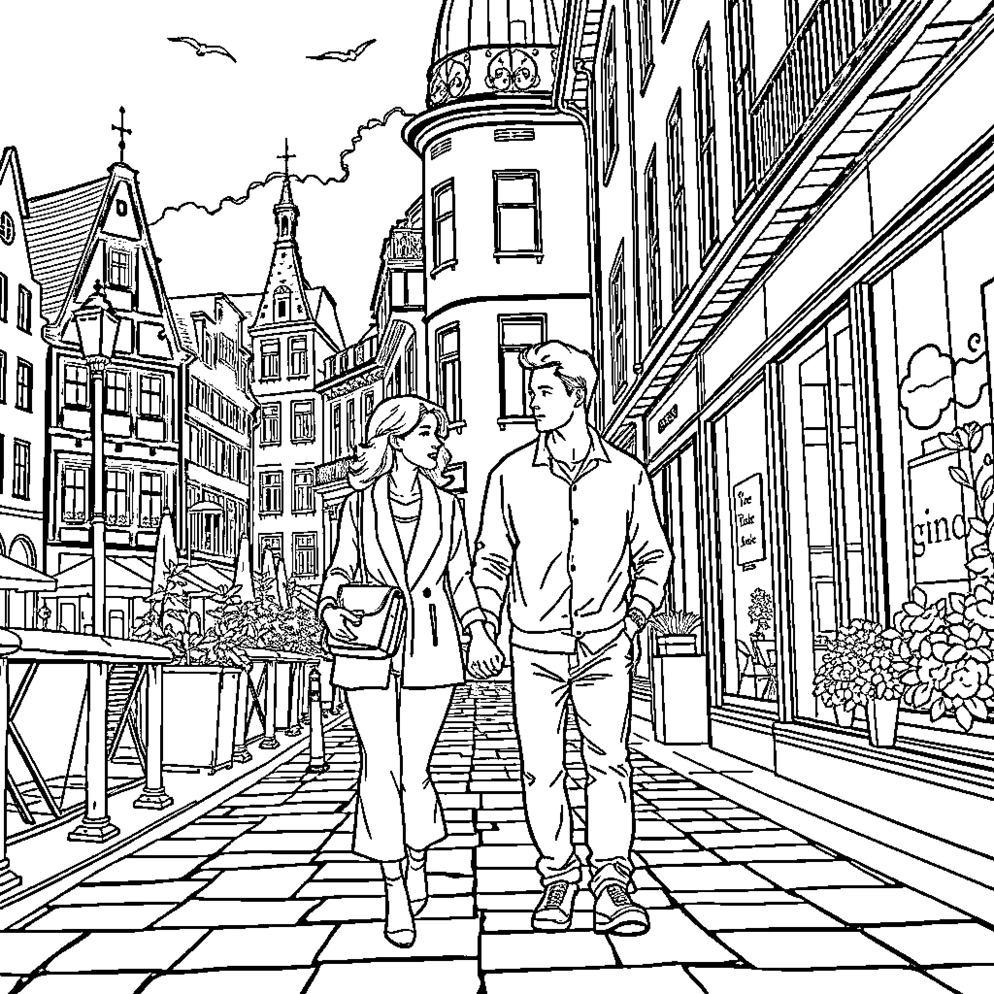 Love's Stroll Through a Historic City Coloring Page (free black-and-white line drawing printable PDF for all, from beginners to advanced learners, including children, teens, adults, and seniors)