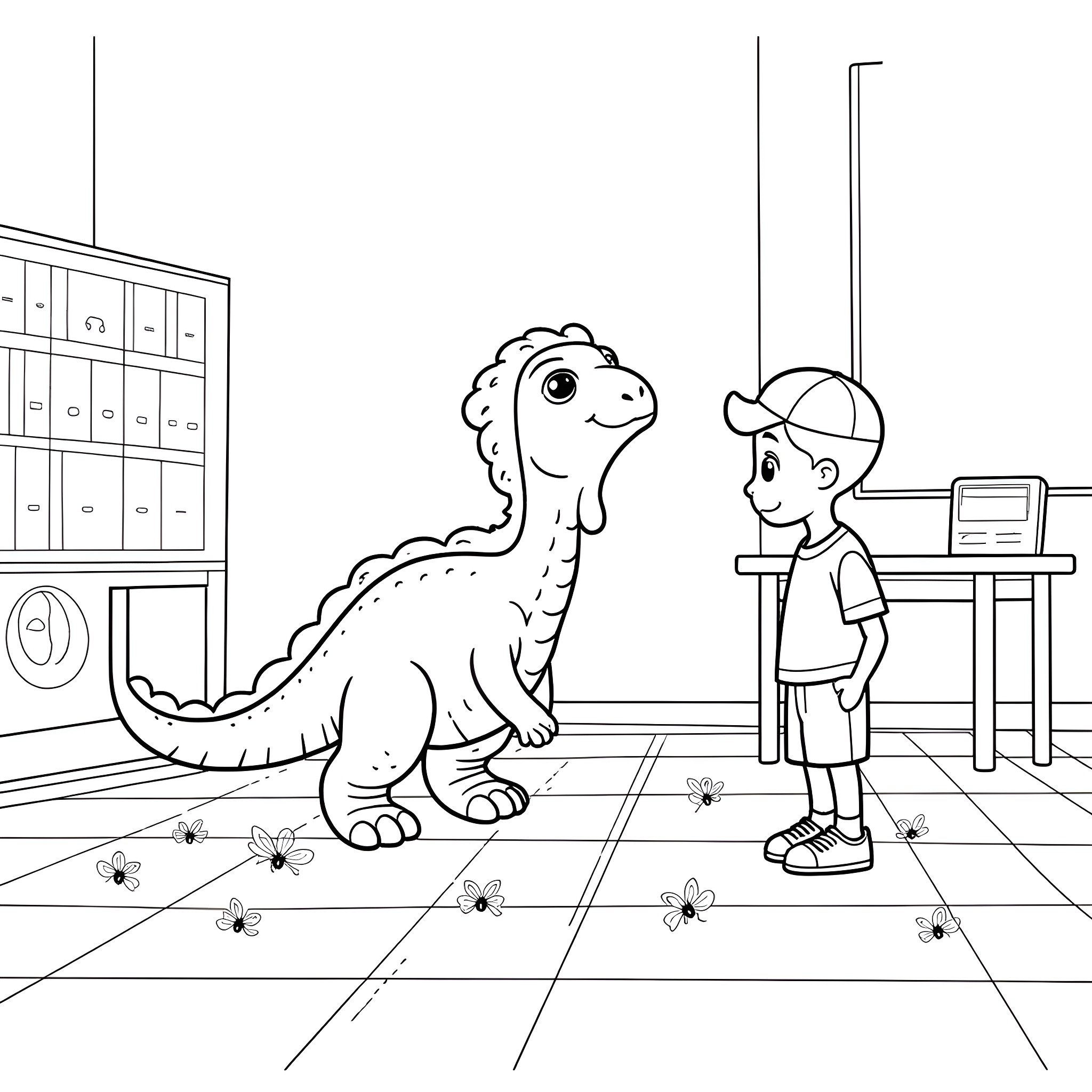 Dinosaur and Boy in the Classroom Coloring Page (free black-and-white line drawing printable PDF for all, from beginners to advanced learners, including children, teens, adults, and seniors)