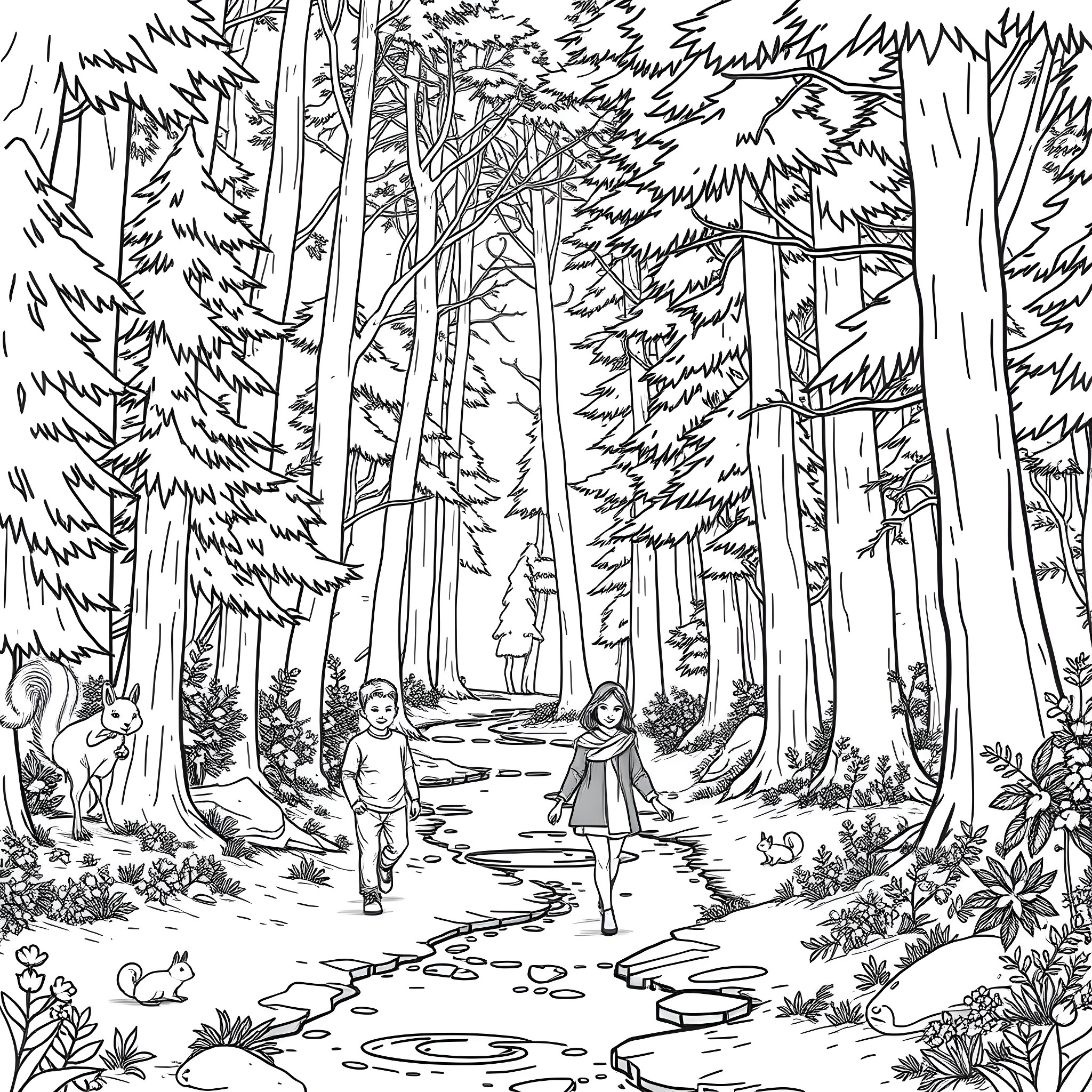 Mom and child exploring the enchanting forest Coloring Page (free black-and-white line drawing printable PDF for all, from beginners to advanced learners, including children, teens, adults, and seniors)