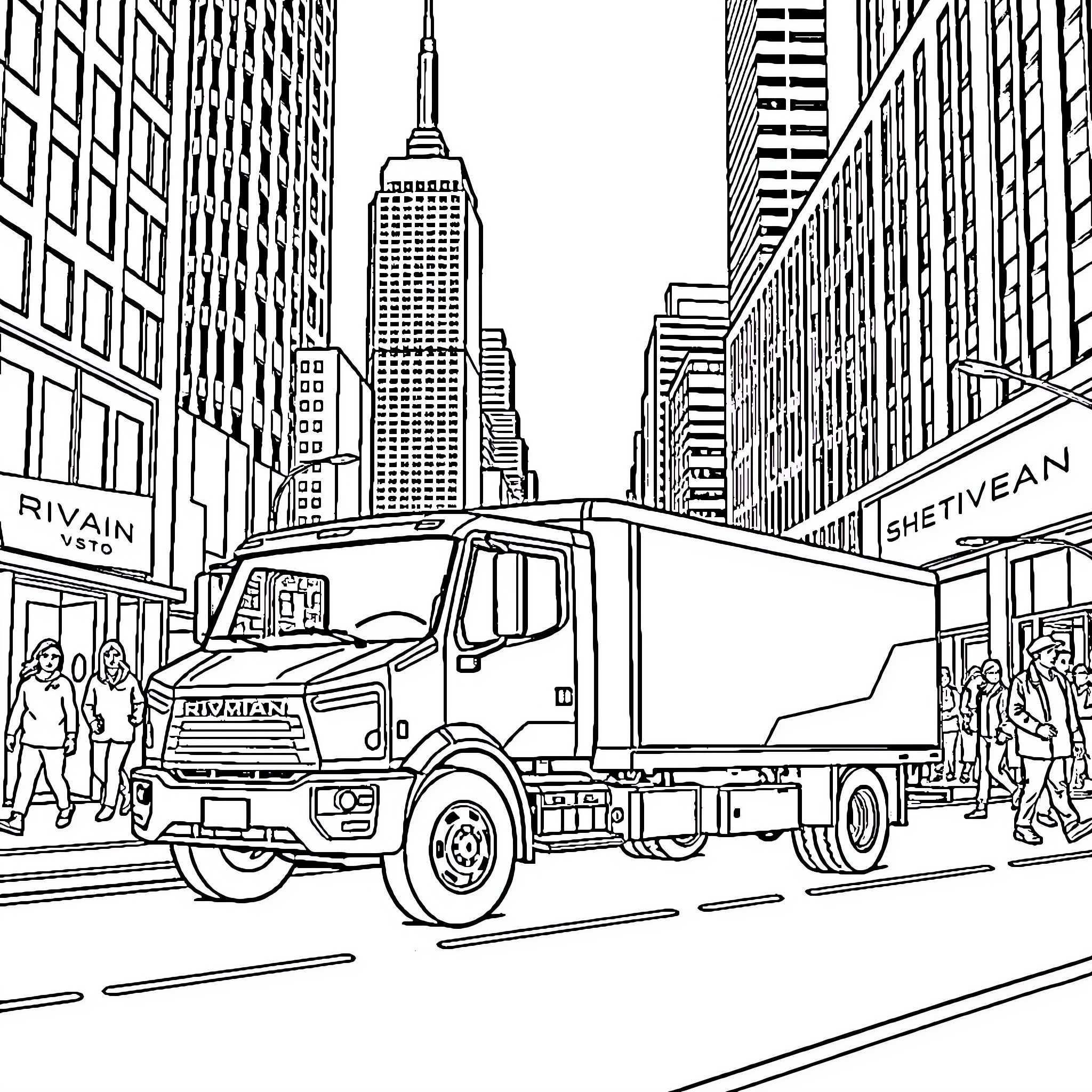 Truck delivering in busy city street Coloring Page (free black-and-white line drawing printable PDF for all, from beginners to advanced learners, including children, teens, adults, and seniors)