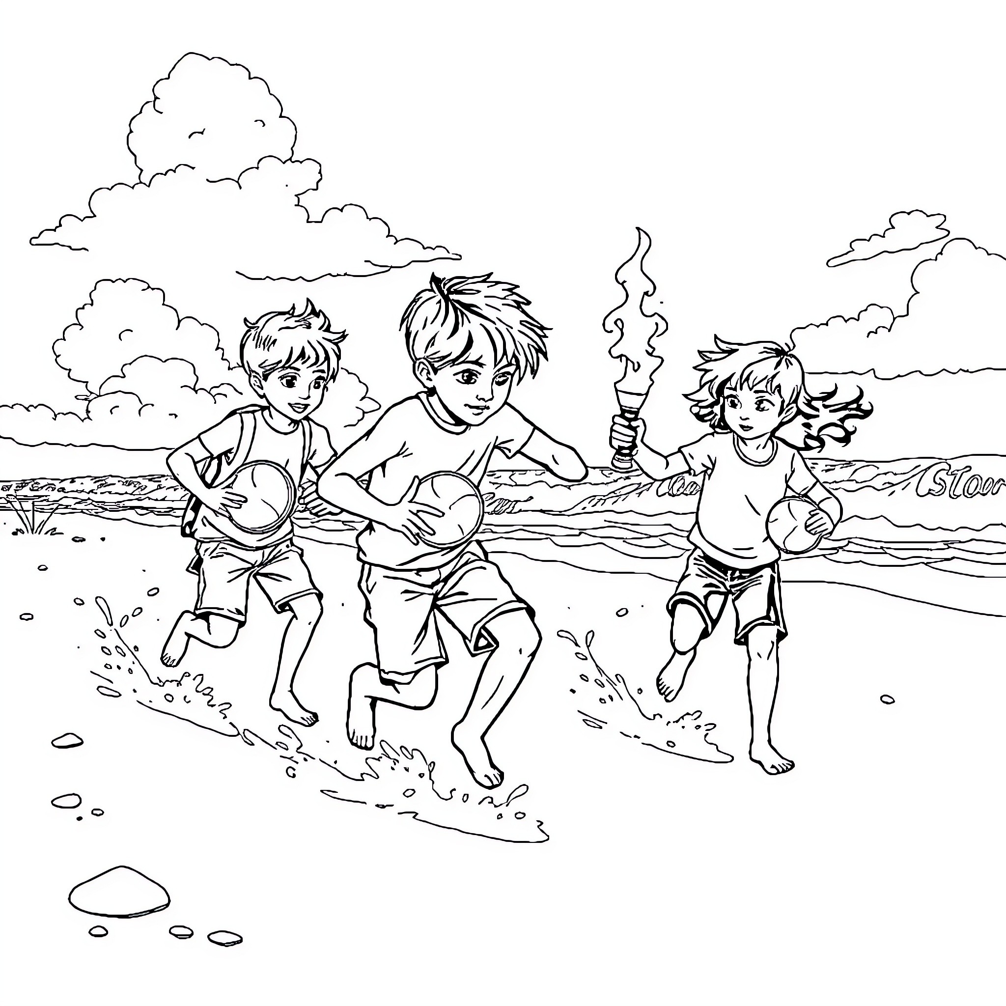 Niños playing joyfully on the beach Coloring Page (free black-and-white line drawing printable PDF for all, from beginners to advanced learners, including children, teens, adults, and seniors)