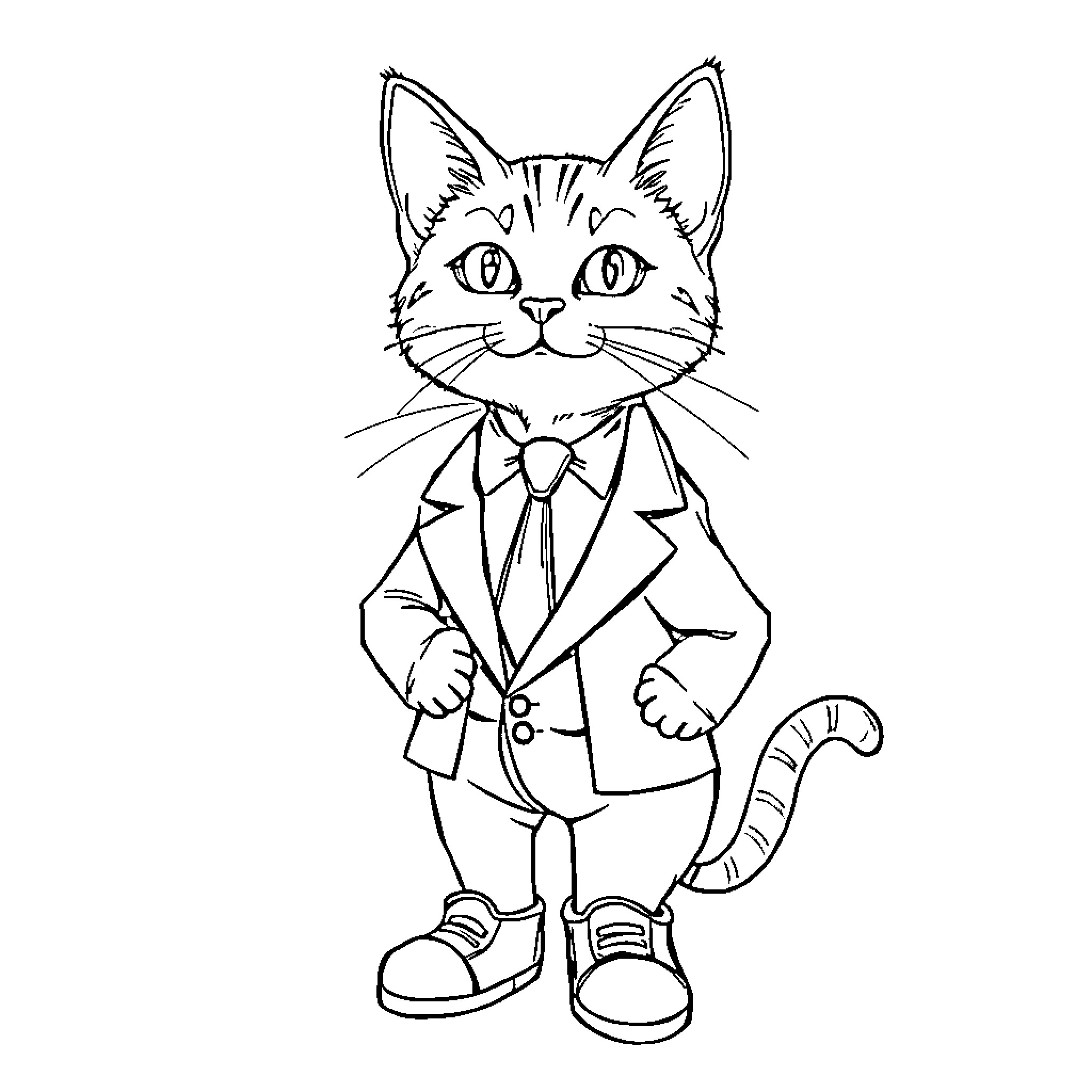 Cat dressed formally in a suit Coloring Page (free black-and-white line drawing printable PDF for all, from beginners to advanced learners, including children, teens, adults, and seniors)