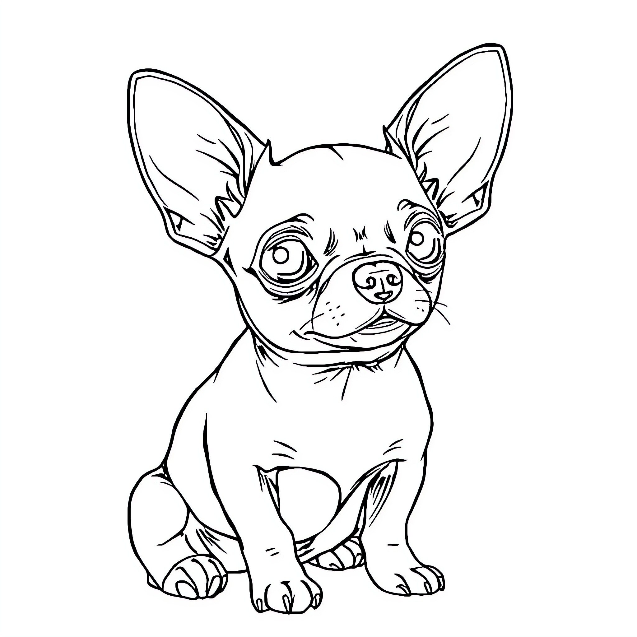 Chihuahua staring curiously with big eyes Coloring Page (free black-and-white line drawing printable PDF for all, from beginners to advanced learners, including children, teens, adults, and seniors)