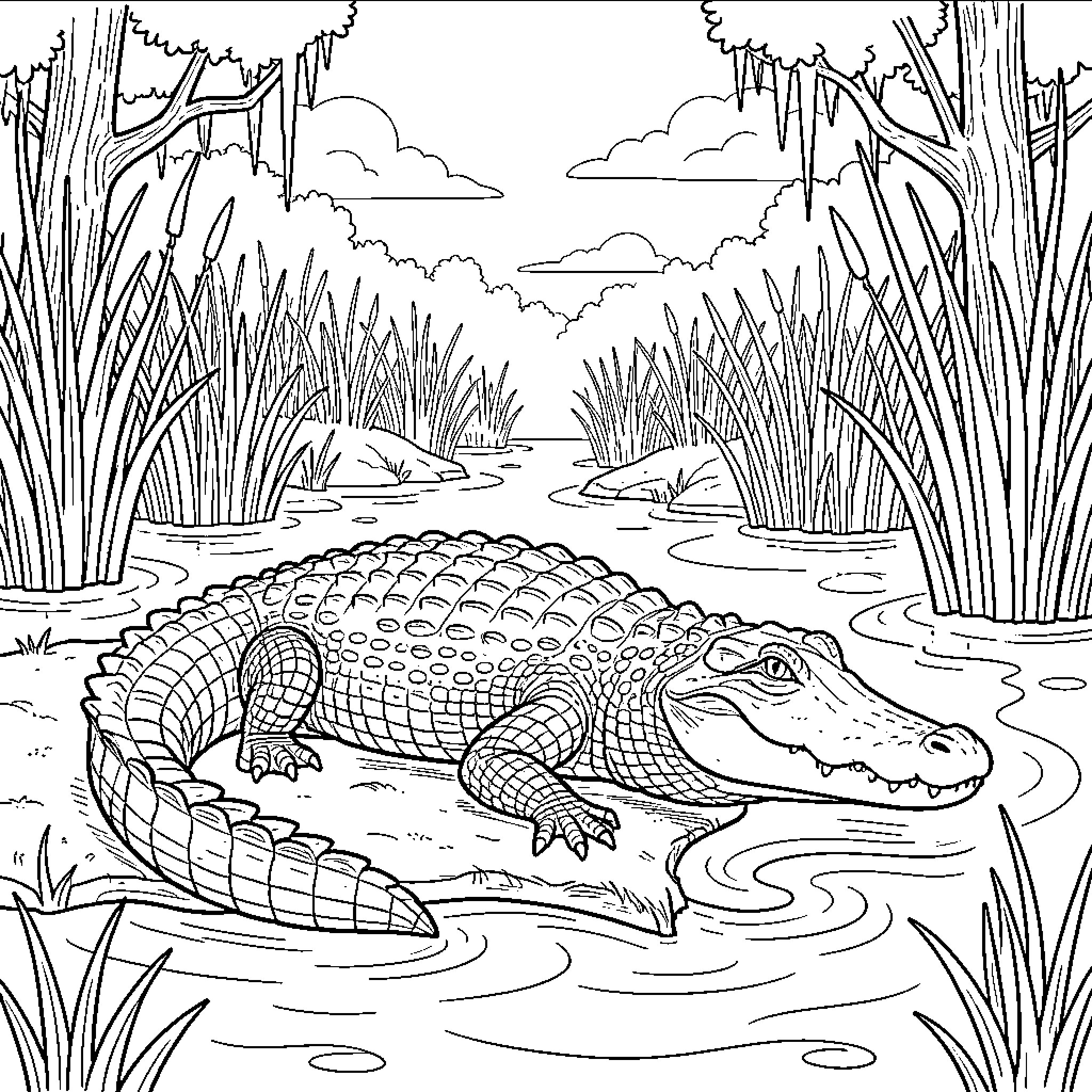 Alligator resting in the swampy wetlands Coloring Page (free black-and-white line drawing printable PDF for all, from beginners to advanced learners, including children, teens, adults, and seniors)