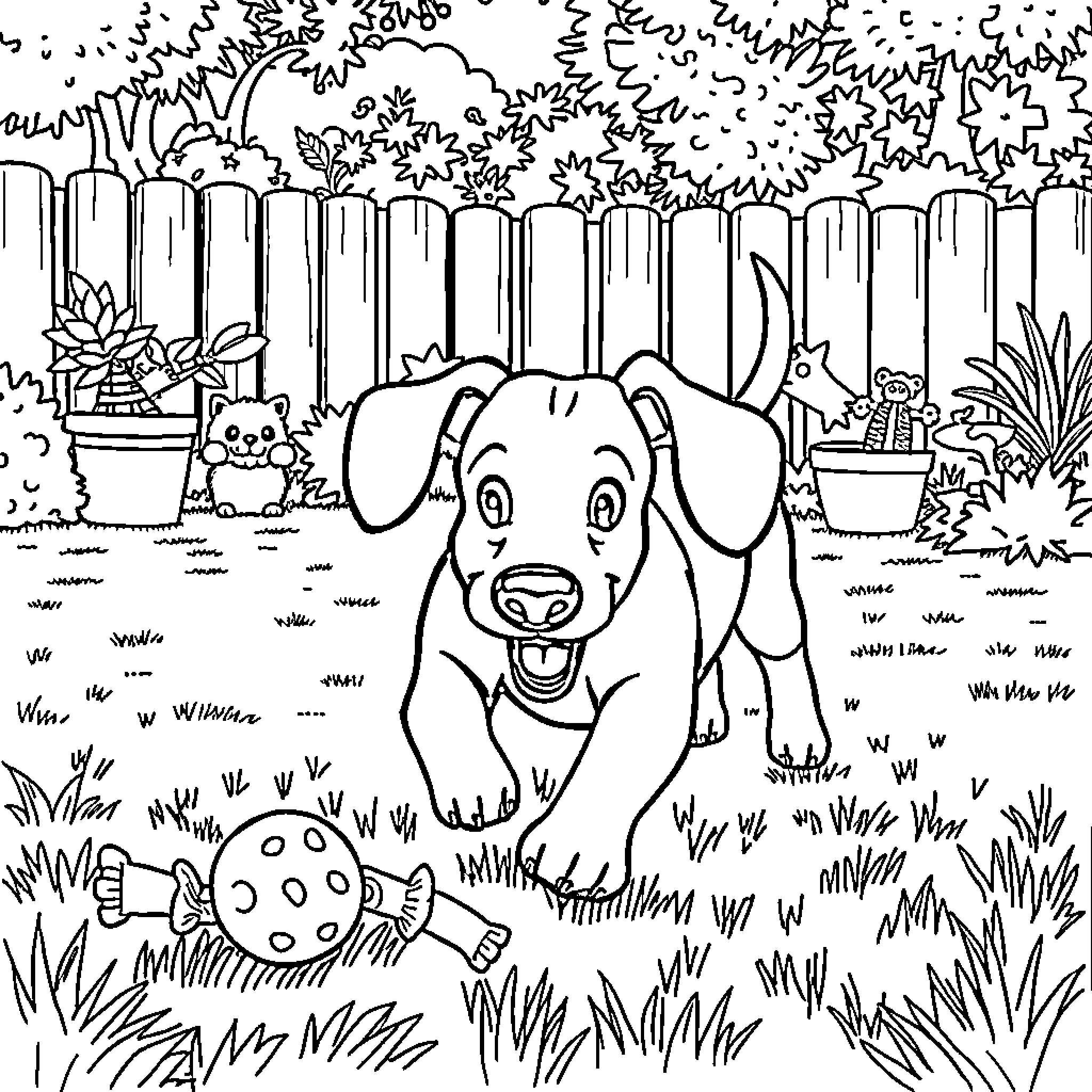Sausage Dog playing in the garden Coloring Page (free black-and-white line drawing printable PDF for all, from beginners to advanced learners, including children, teens, adults, and seniors)