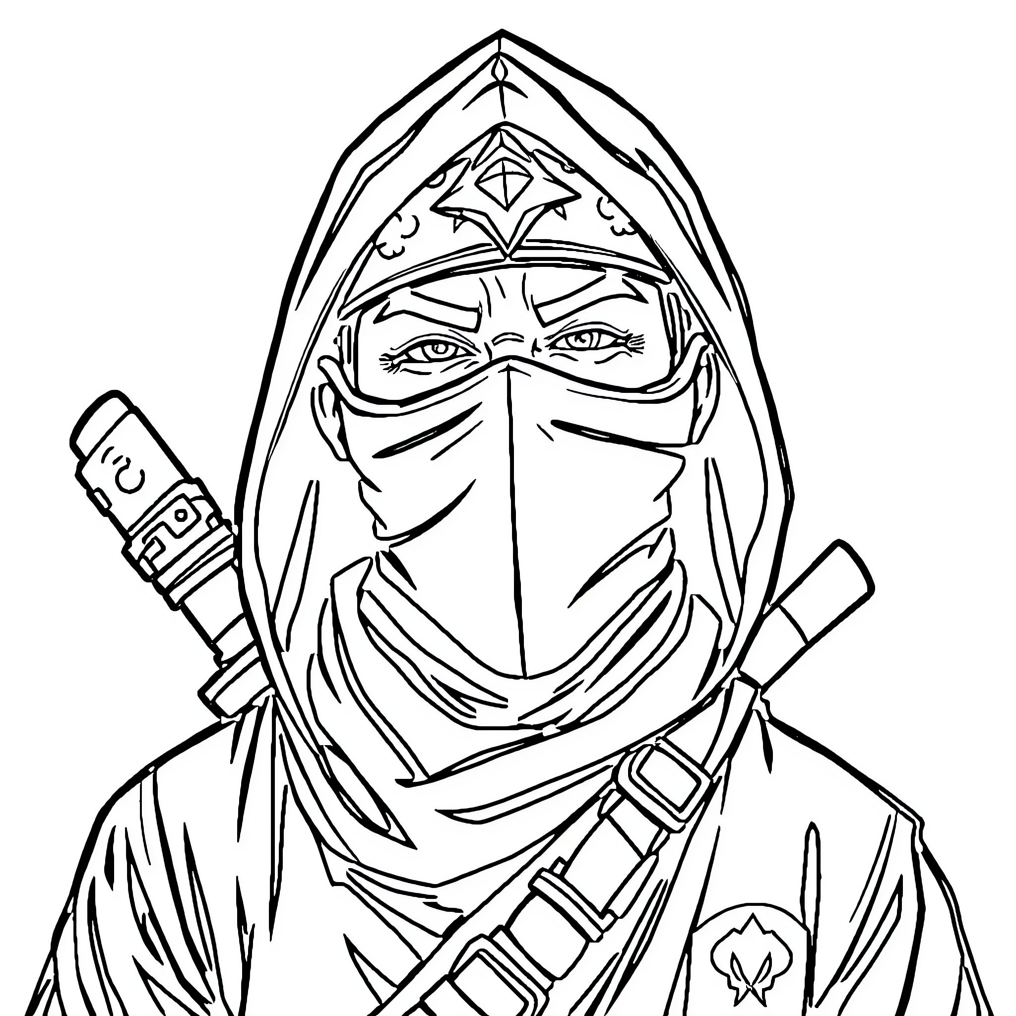 Ninja warrior in tactical gear and mask Coloring Page (free black-and-white line drawing printable PDF for all, from beginners to advanced learners, including children, teens, adults, and seniors)