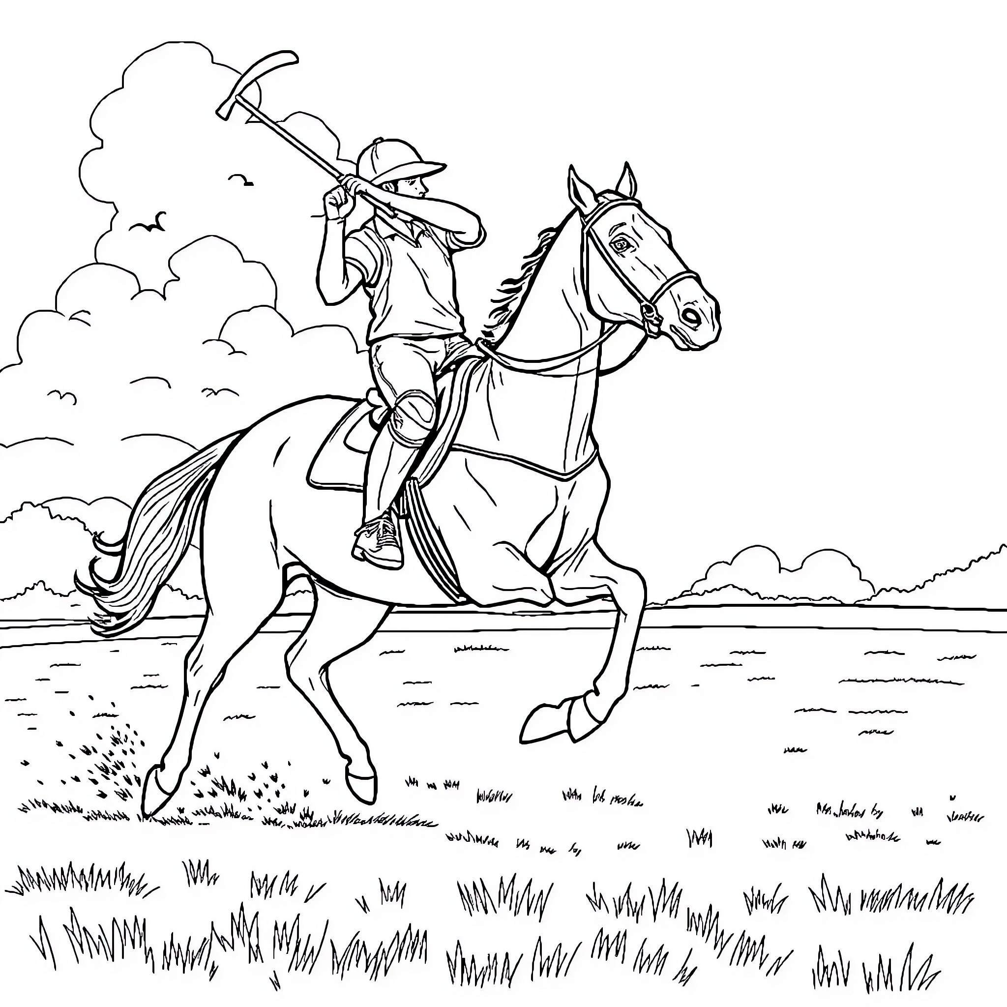 Polo Horse Rider Galloping Across Field Coloring Page (free black-and-white line drawing printable PDF for all, from beginners to advanced learners, including children, teens, adults, and seniors)