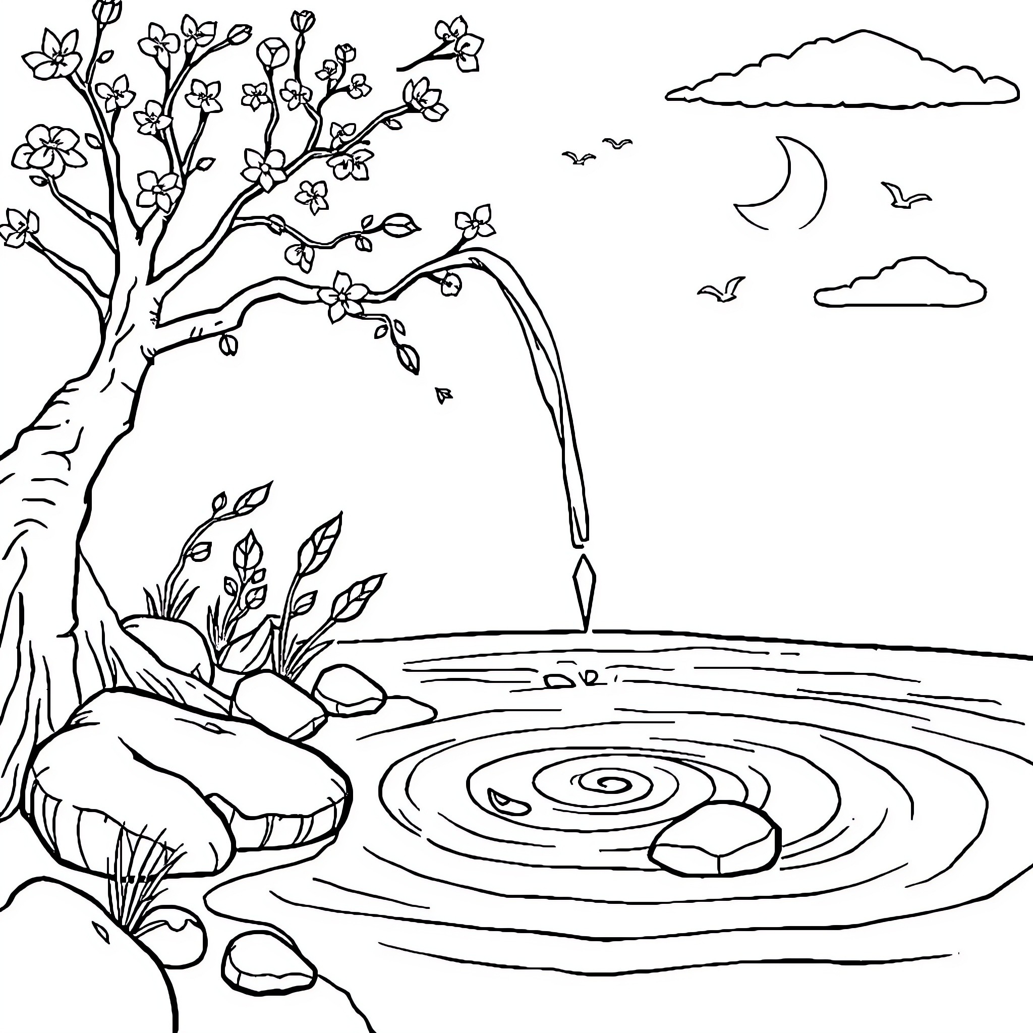 Water reflecting tranquil night landscape Coloring Page (free black-and-white line drawing printable PDF for all, from beginners to advanced learners, including children, teens, adults, and seniors)