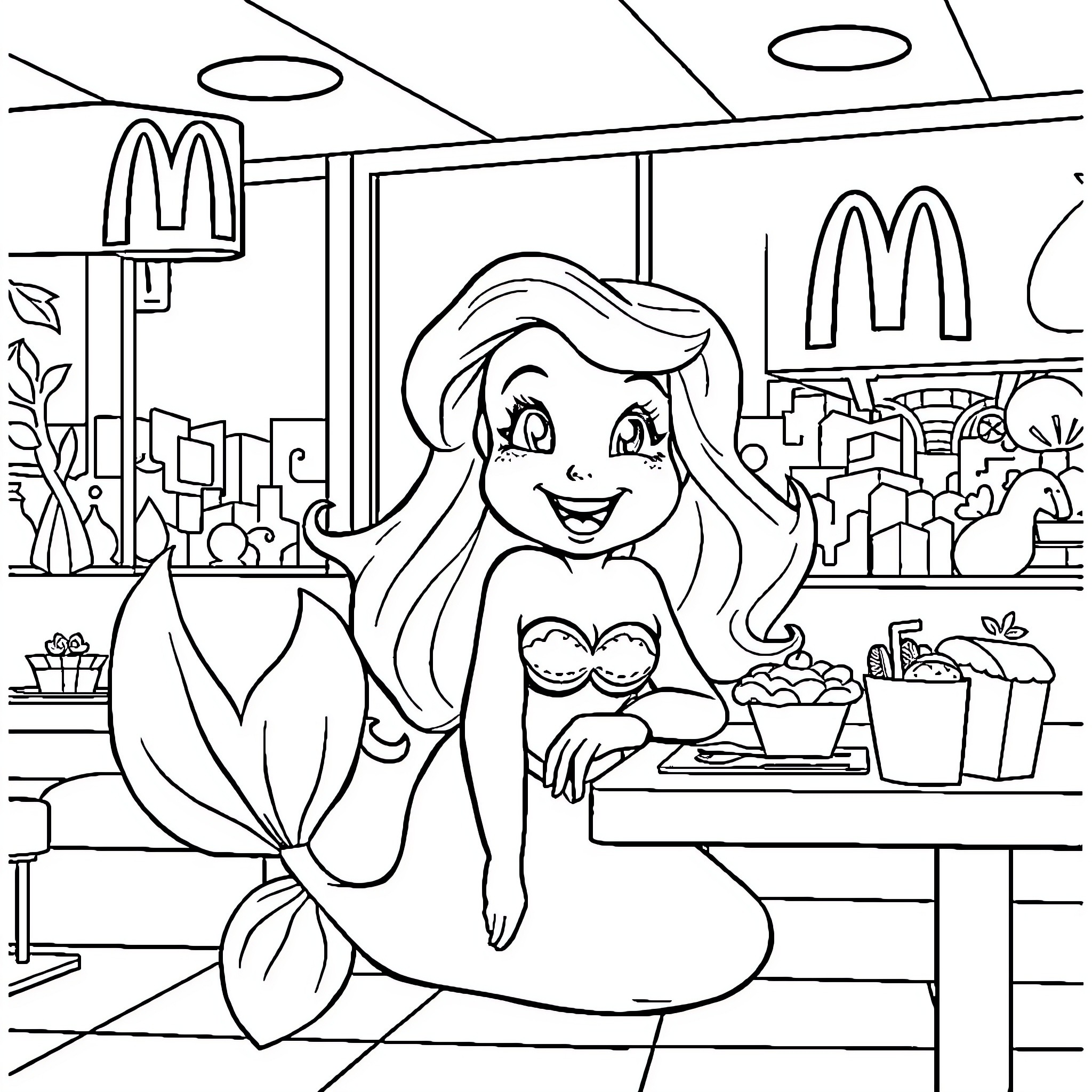 Ariel enjoying a meal at the fast food restaurant Coloring Page (free black-and-white line drawing printable PDF for all, from beginners to advanced learners, including children, teens, adults, and seniors)