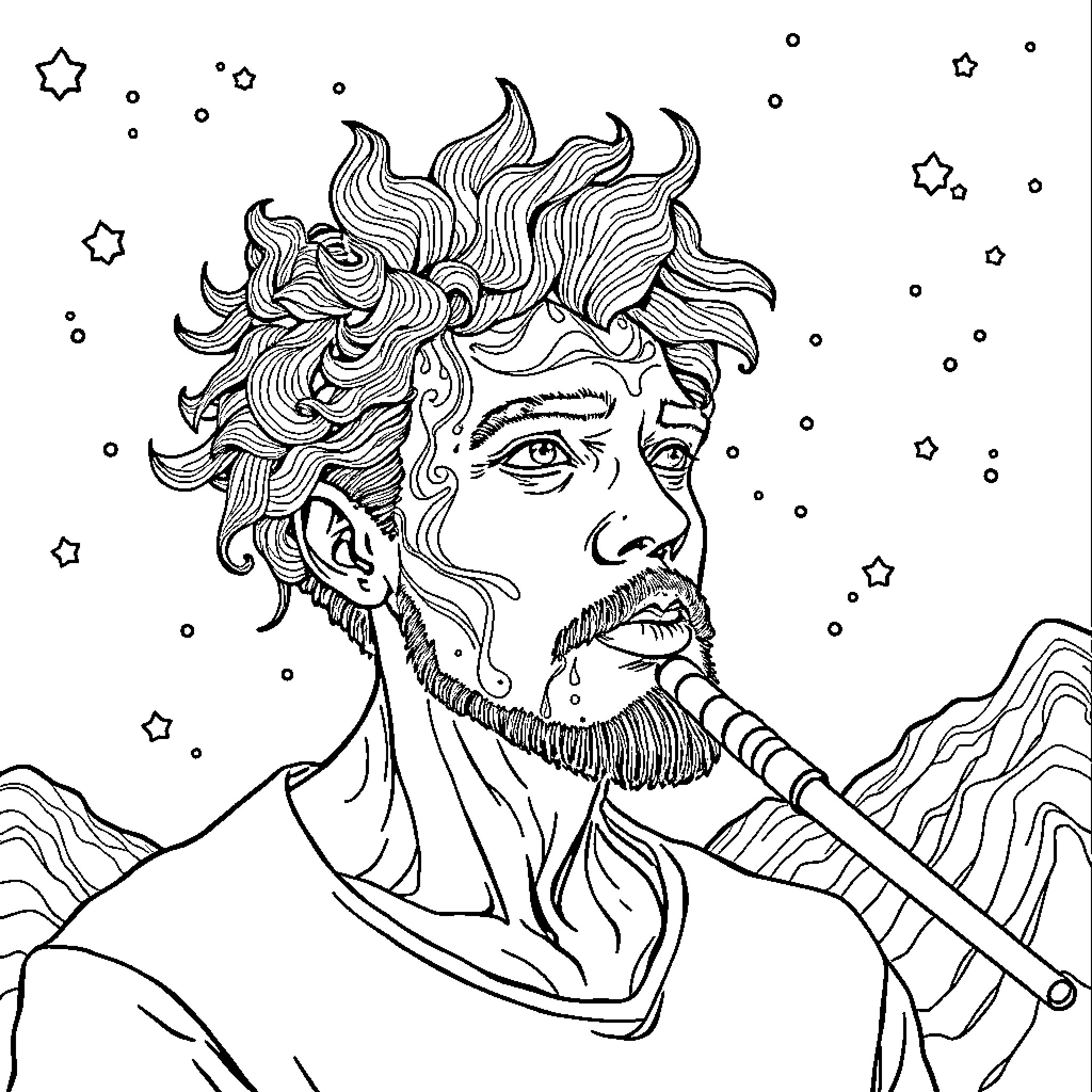 Life among the Stars with Whimsical Expressions Coloring Page (free black-and-white line drawing printable PDF for all, from beginners to advanced learners, including children, teens, adults, and seniors)