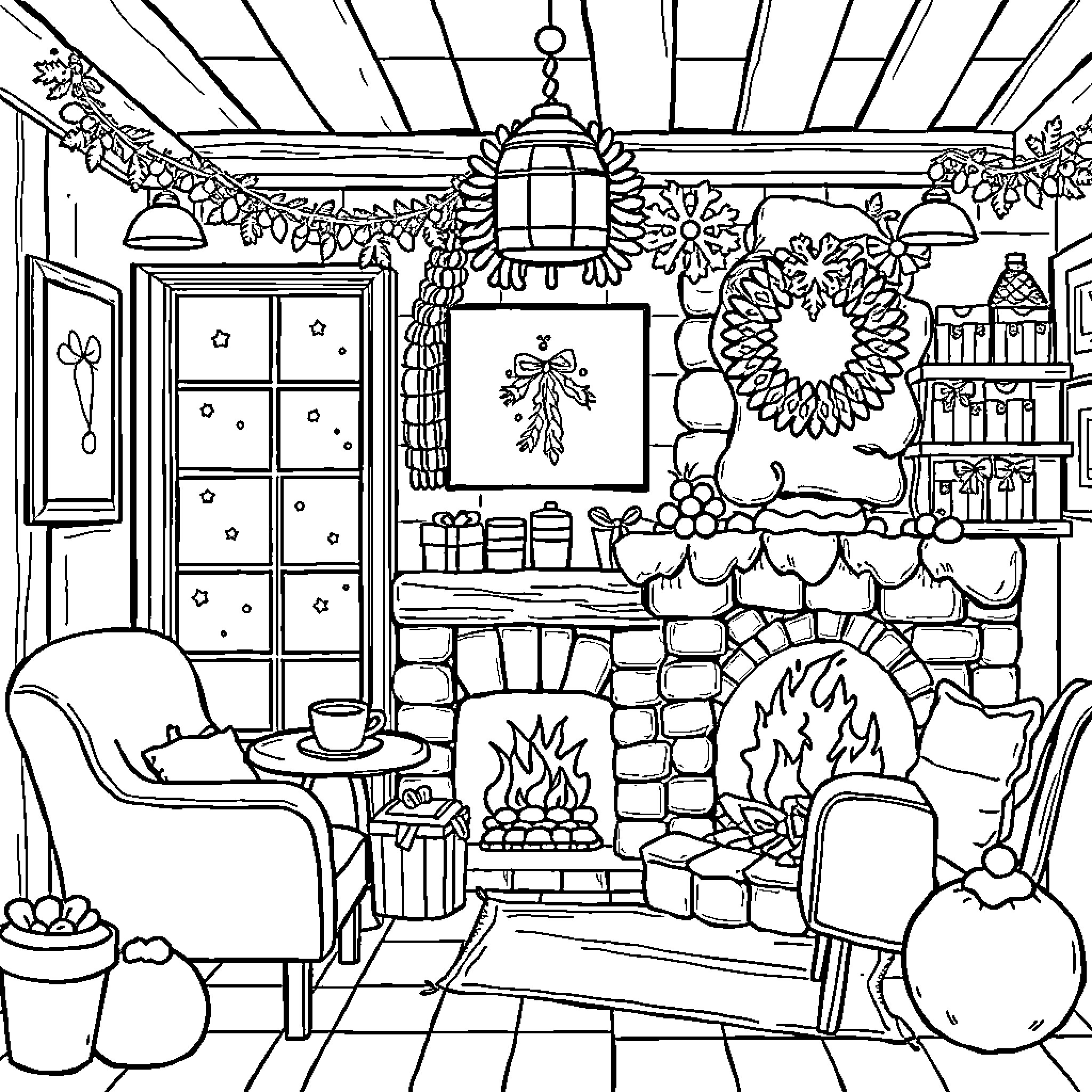 Coffee Shop Cozy Fireplace Scene with Festive Decor Coloring Page (free black-and-white line drawing printable PDF for all, from beginners to advanced learners, including children, teens, adults, and seniors)